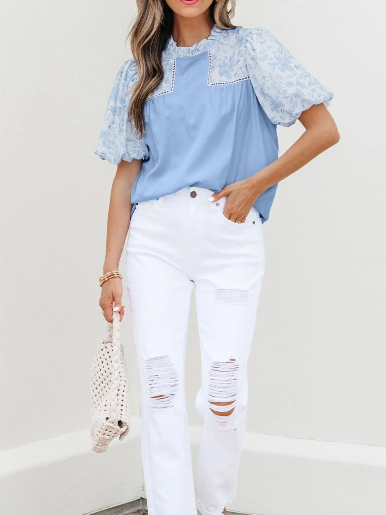 Lace Insert Floral Puff Sleeve Patchwork Loose Blouse - Image 6