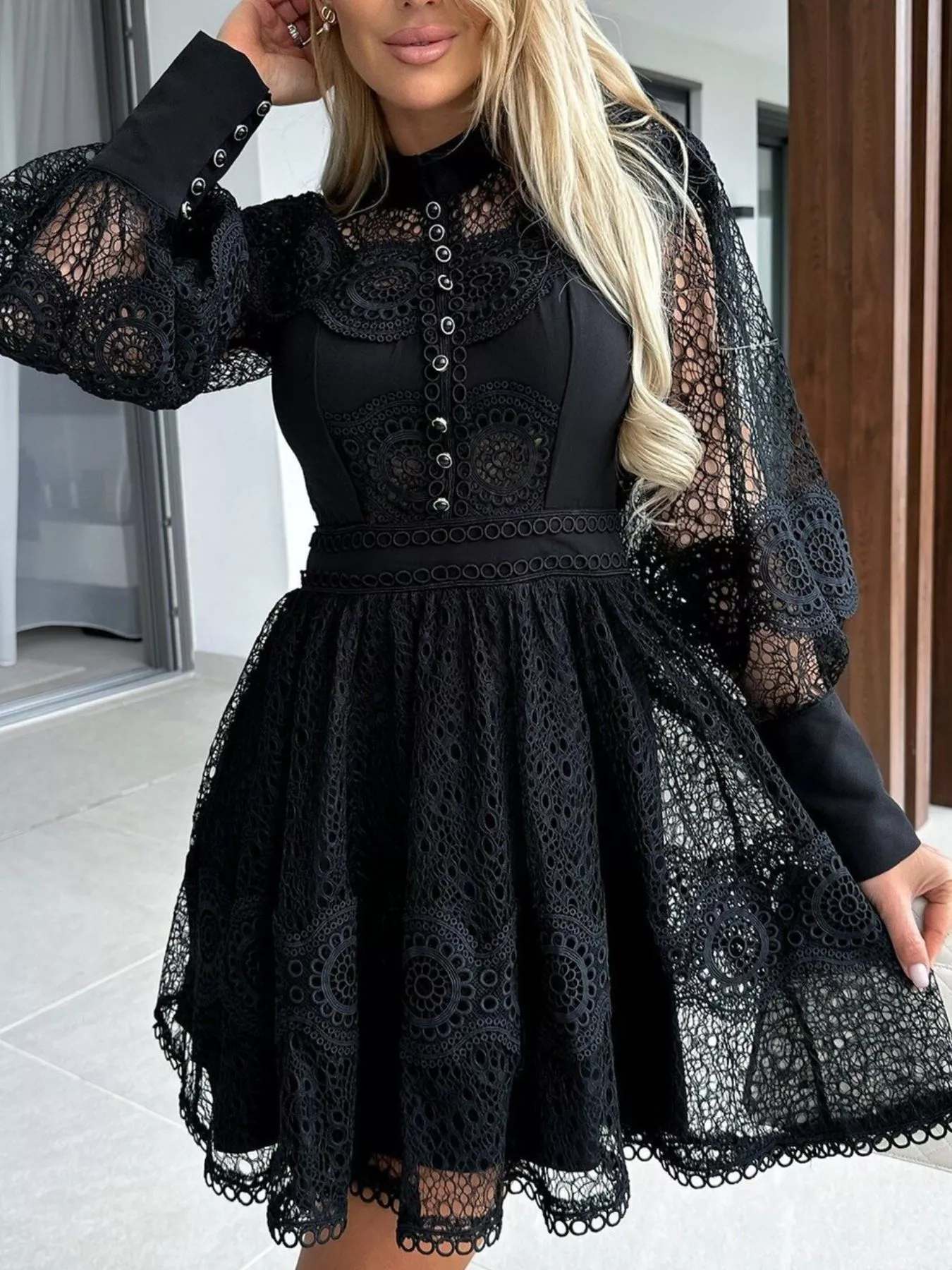 Lace Lantern Sleeve Mini Dress - Image 10