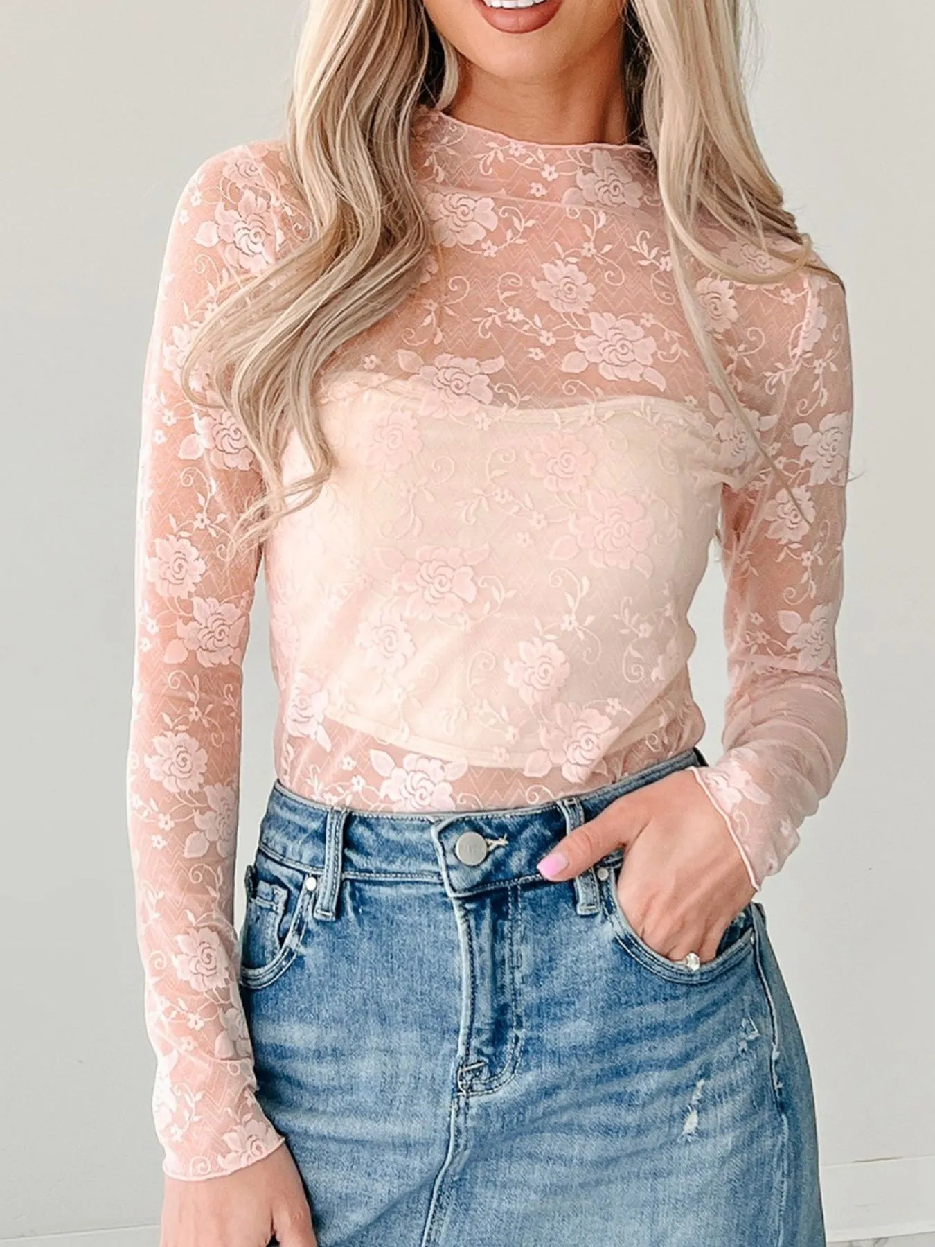 Lace Mock Neck Long Sleeve Blouse - Image 2