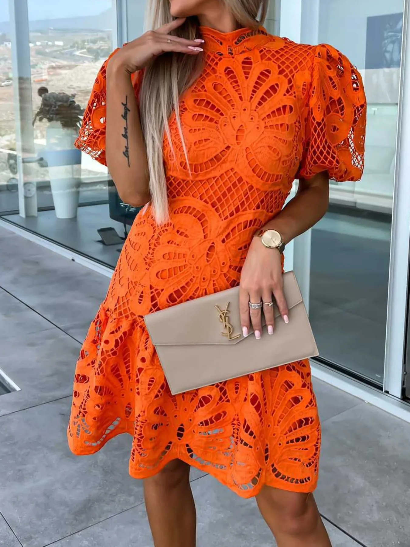 Lace Mock Neck Puff Sleeve Dress - Image 11