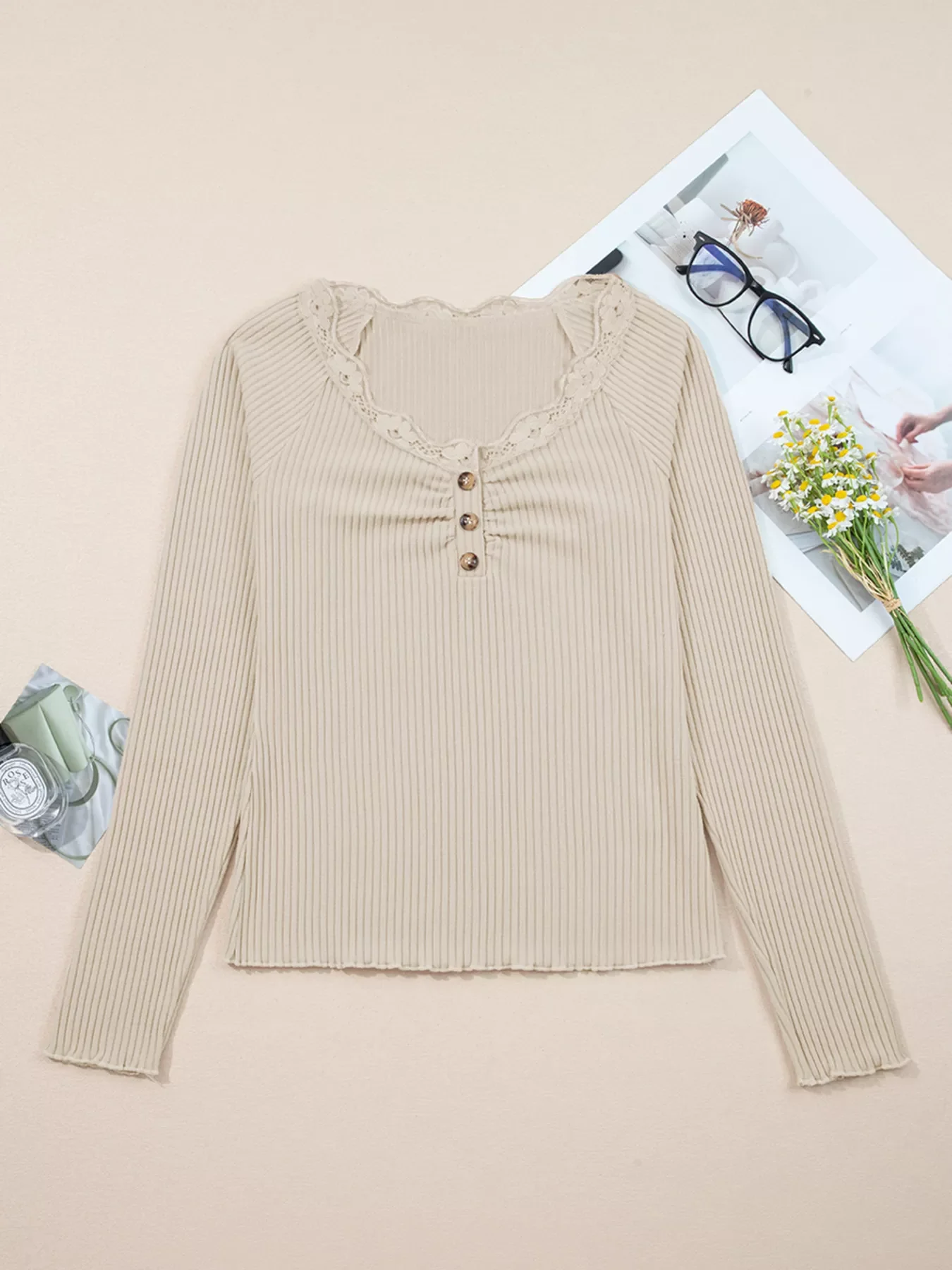 Lace Neckline Button Decor Lettuce Edge Long Sleeve Ribbed Top - Image 5