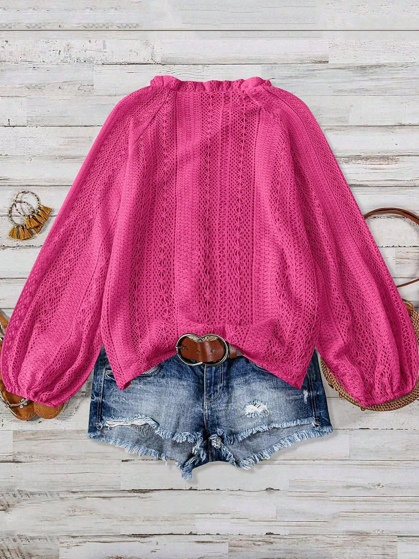 Lace Notched Long Sleeve Shirt - Image 32