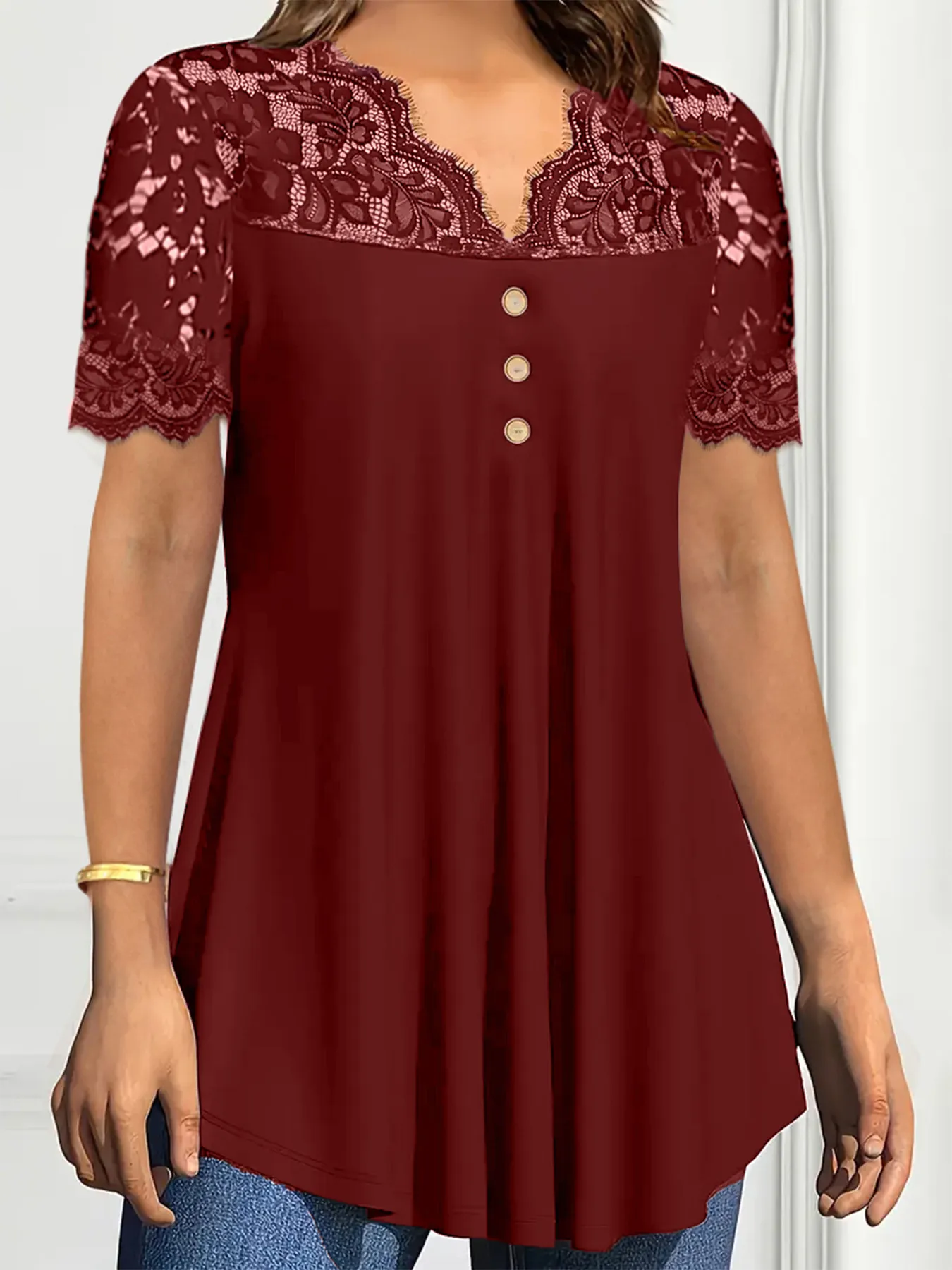 Lace Panel Short Sleeve Blouse - Image 7