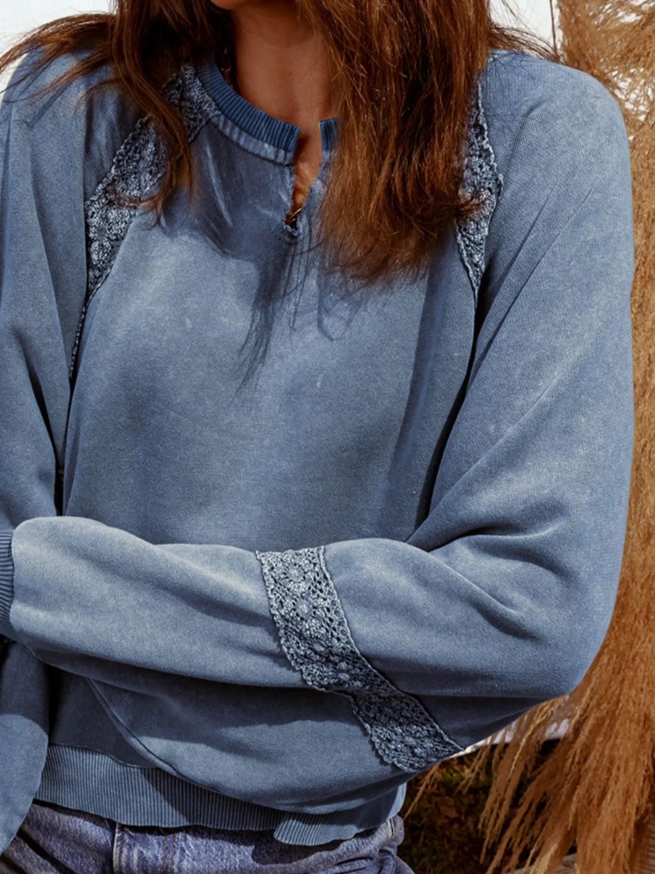 Lace Patchwork Detail Notched Neck Mineral Wash Baggy Sweatshirt - Image 2