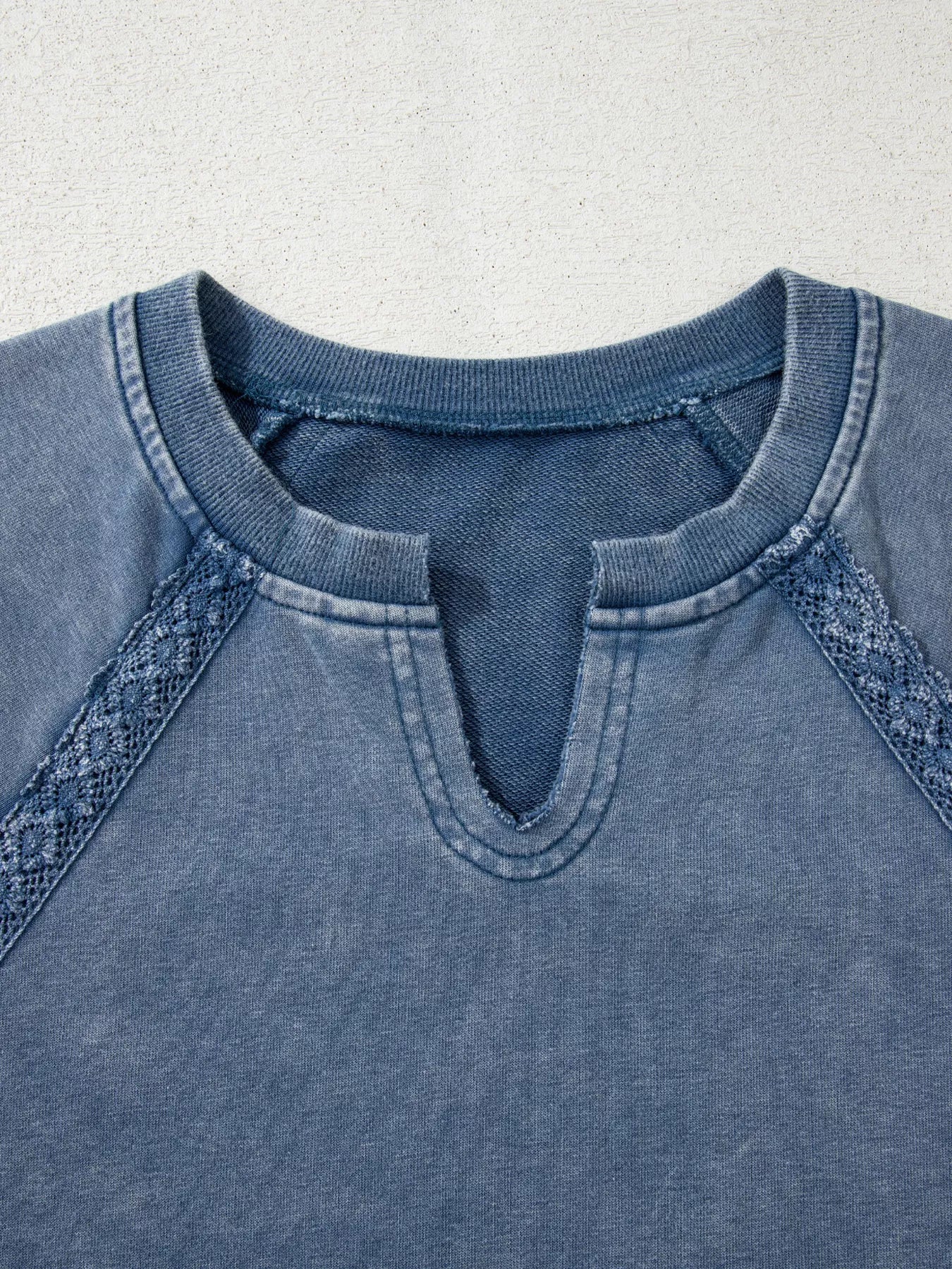 Lace Patchwork Detail Notched Neck Mineral Wash Baggy Sweatshirt - Image 5