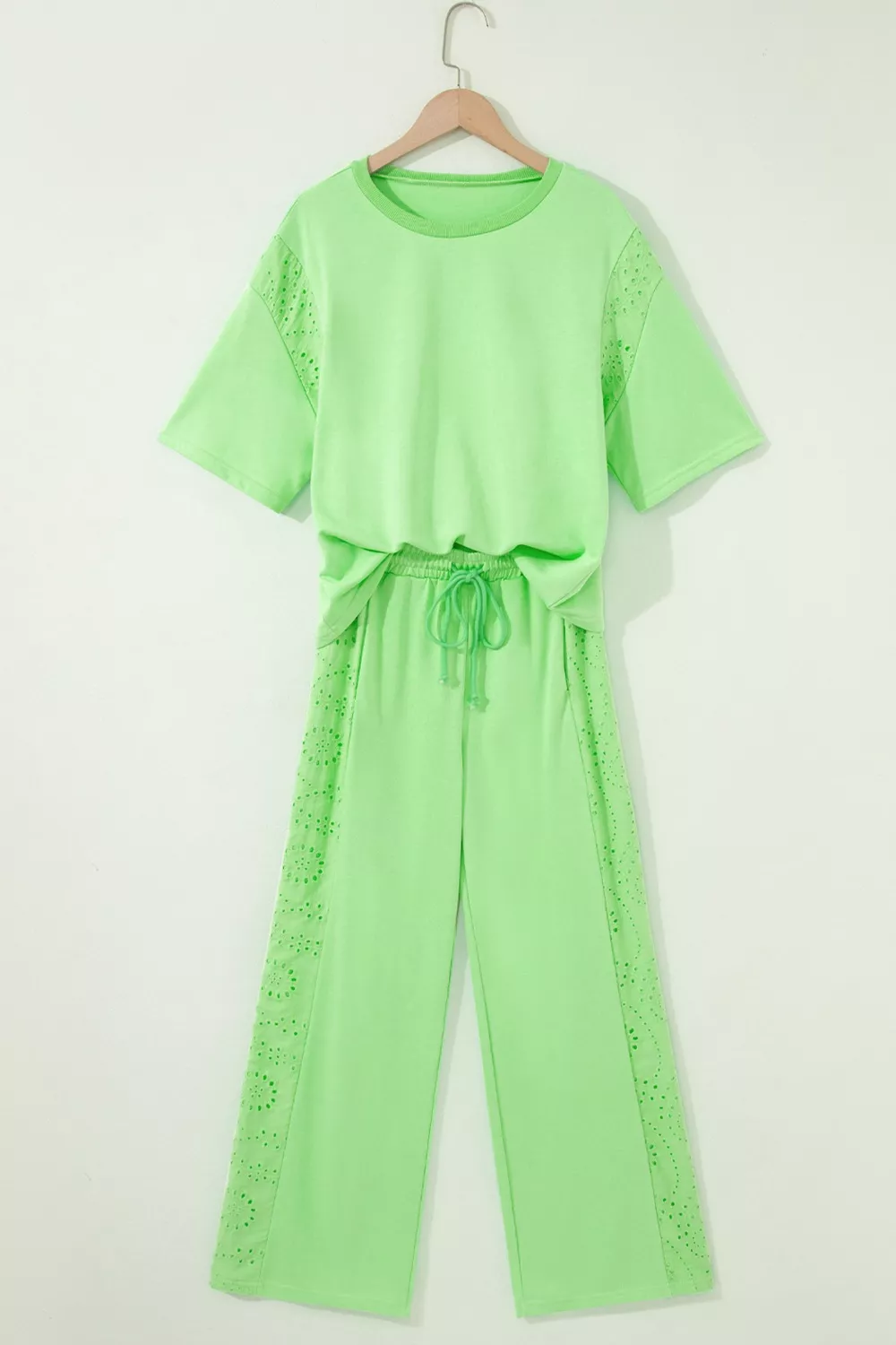 Lace Patchwork Half Sleeve Top Elastic Waist Pants Two Piece Set - Image 3