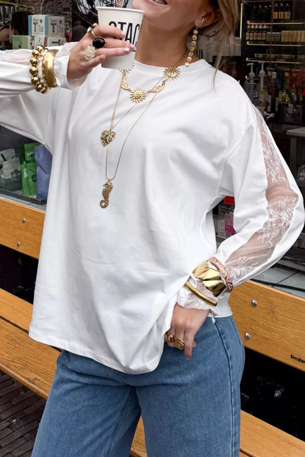 Lace Patchwork Round Neck Long Sleeve Top - Image 5