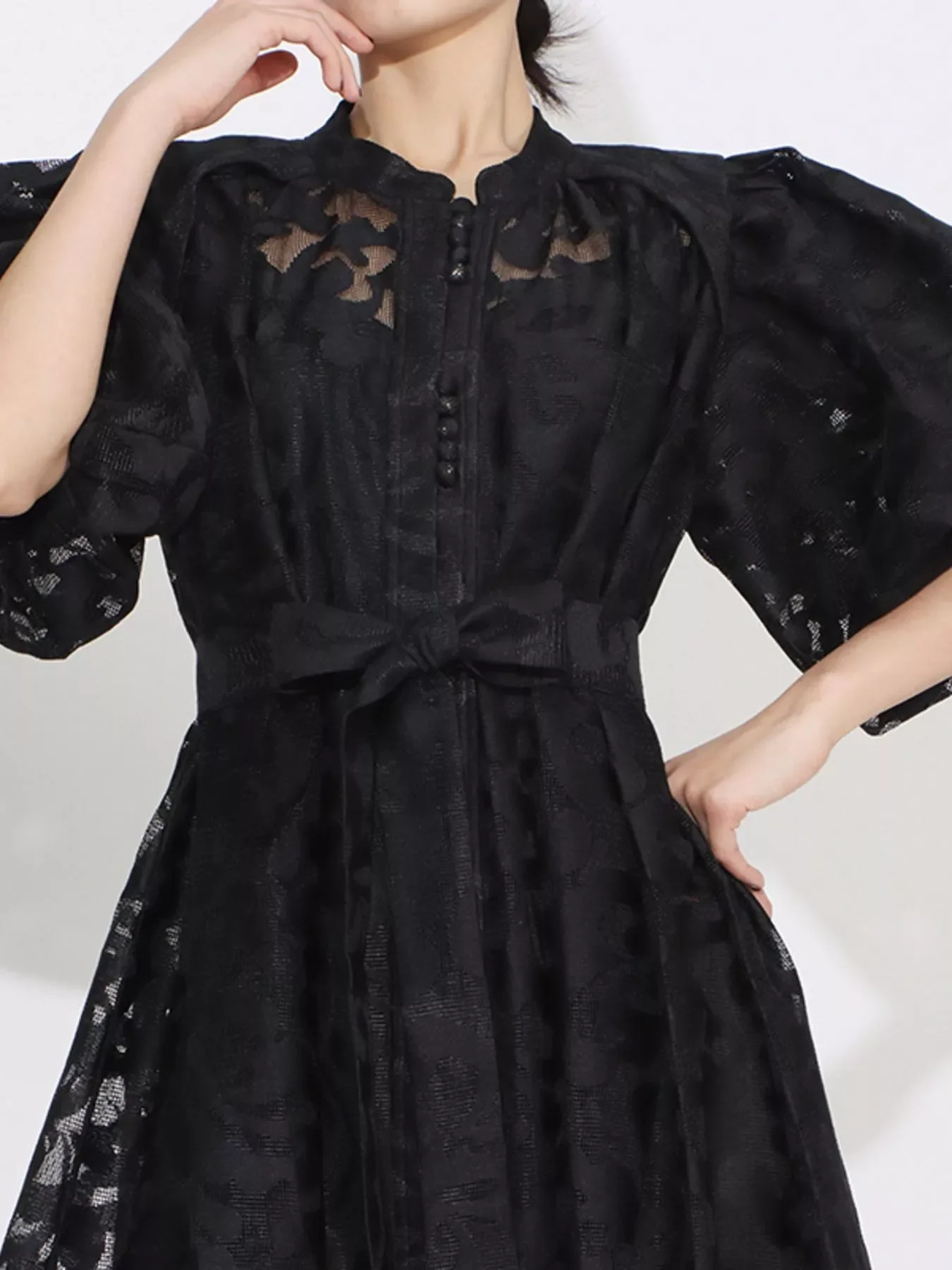 Lace Puff Sleeve Tie Waist Maxi Dress - Image 5