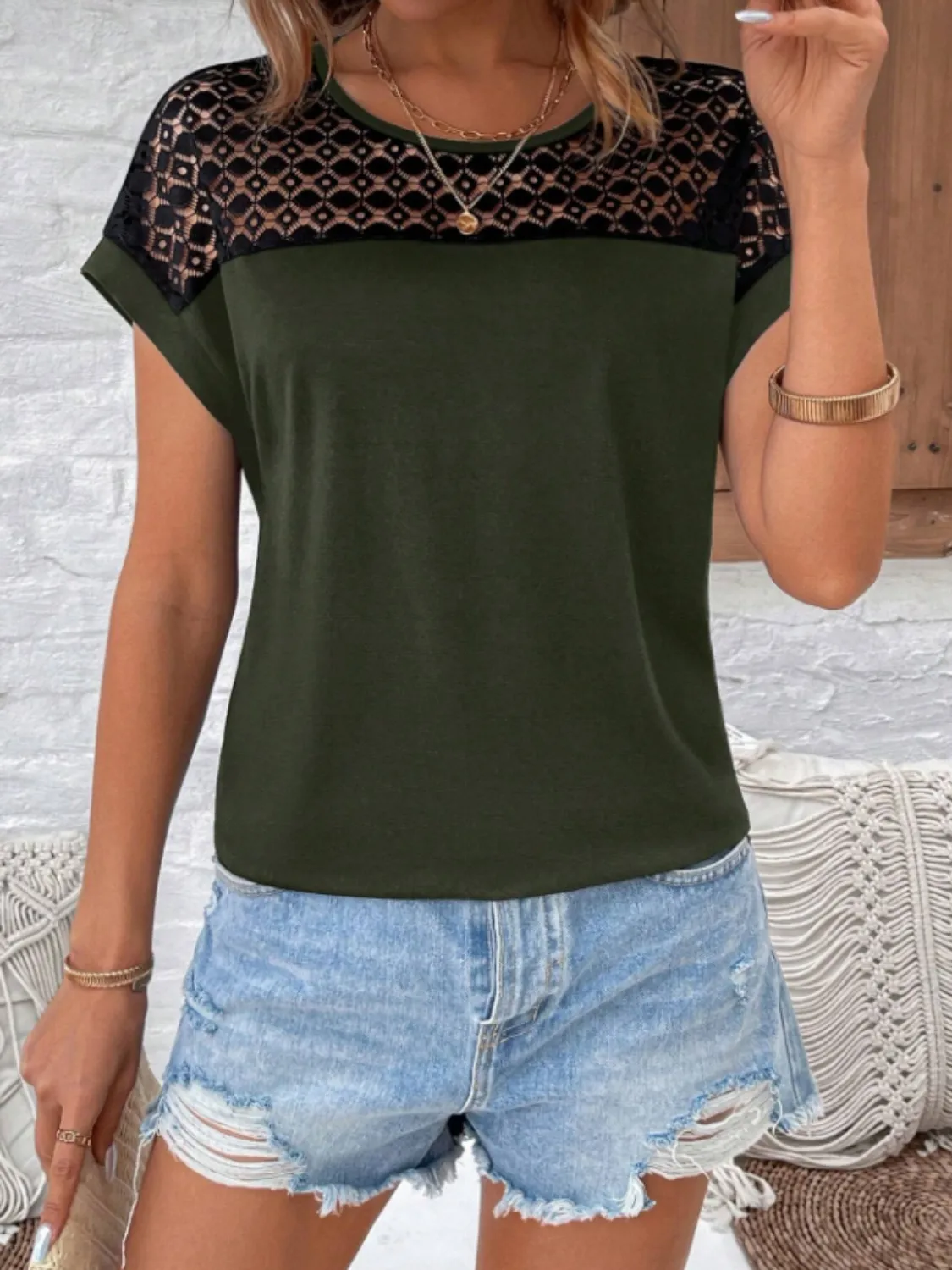 Lace Round Neck Short Sleeve T-Shirt - Image 3