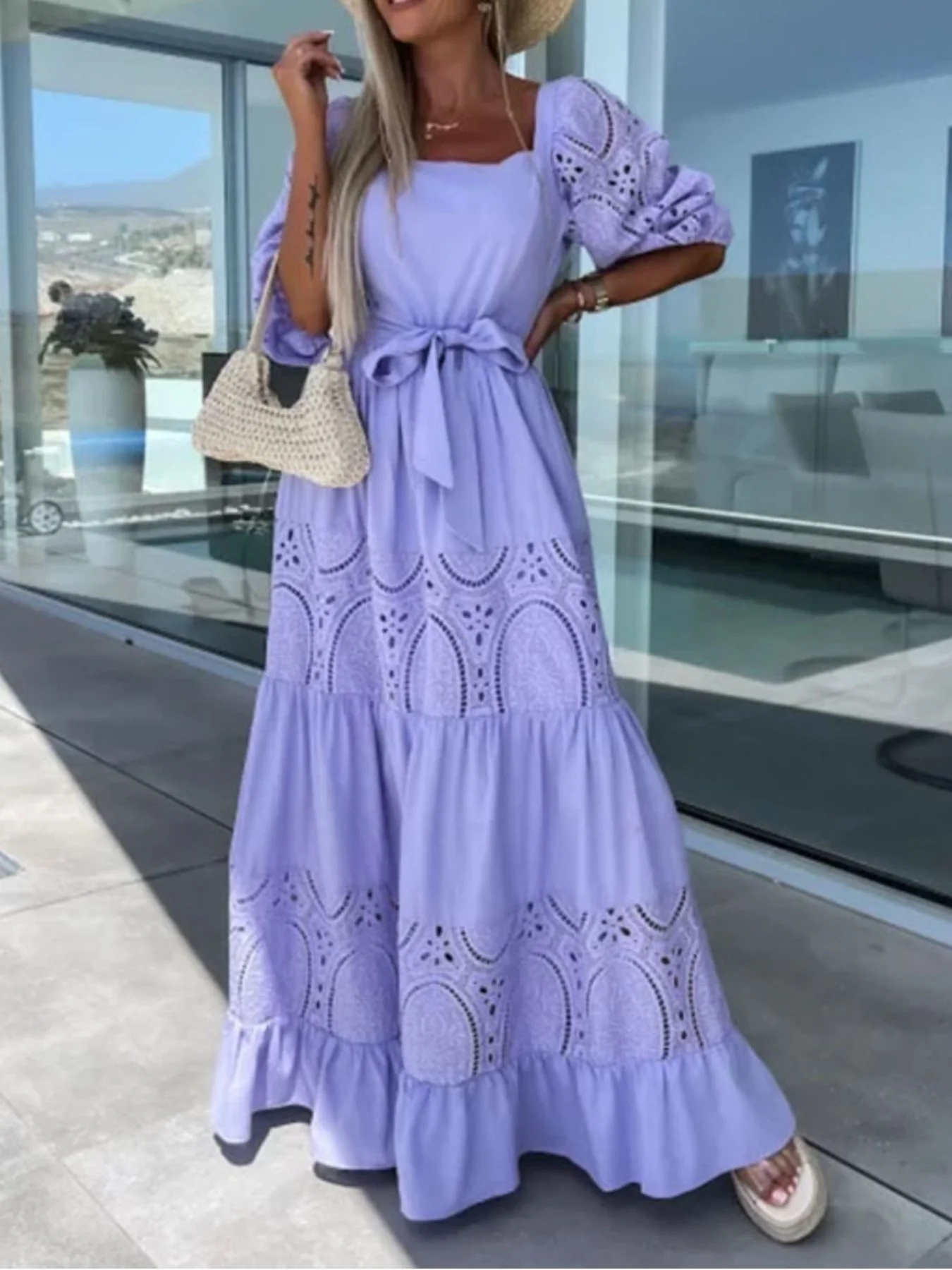 Lace Sleeve Belted Tiered Ruffled Maxi Dress - Image 8