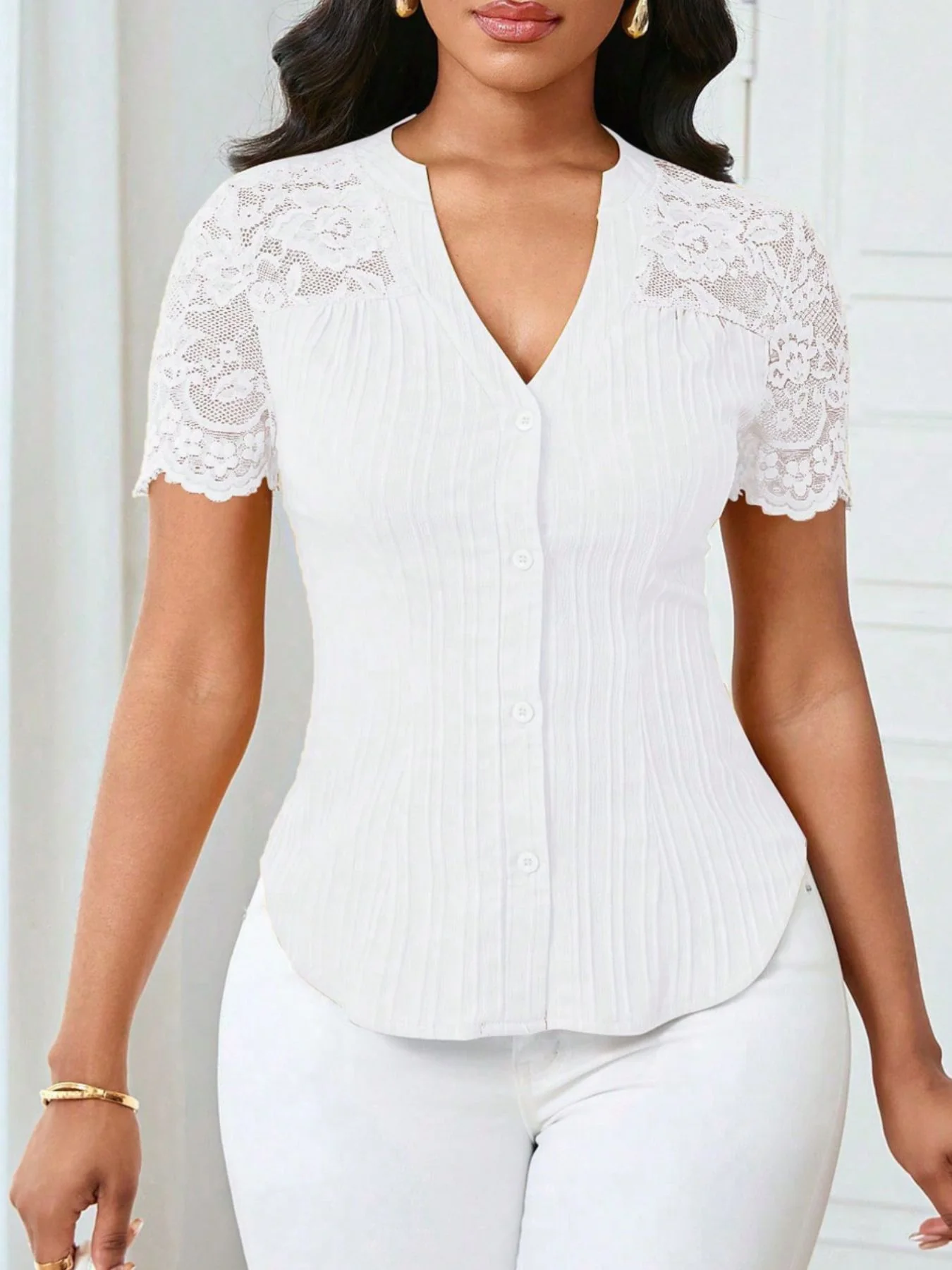 Lace Sleeve Button Up Shirt - Image 20