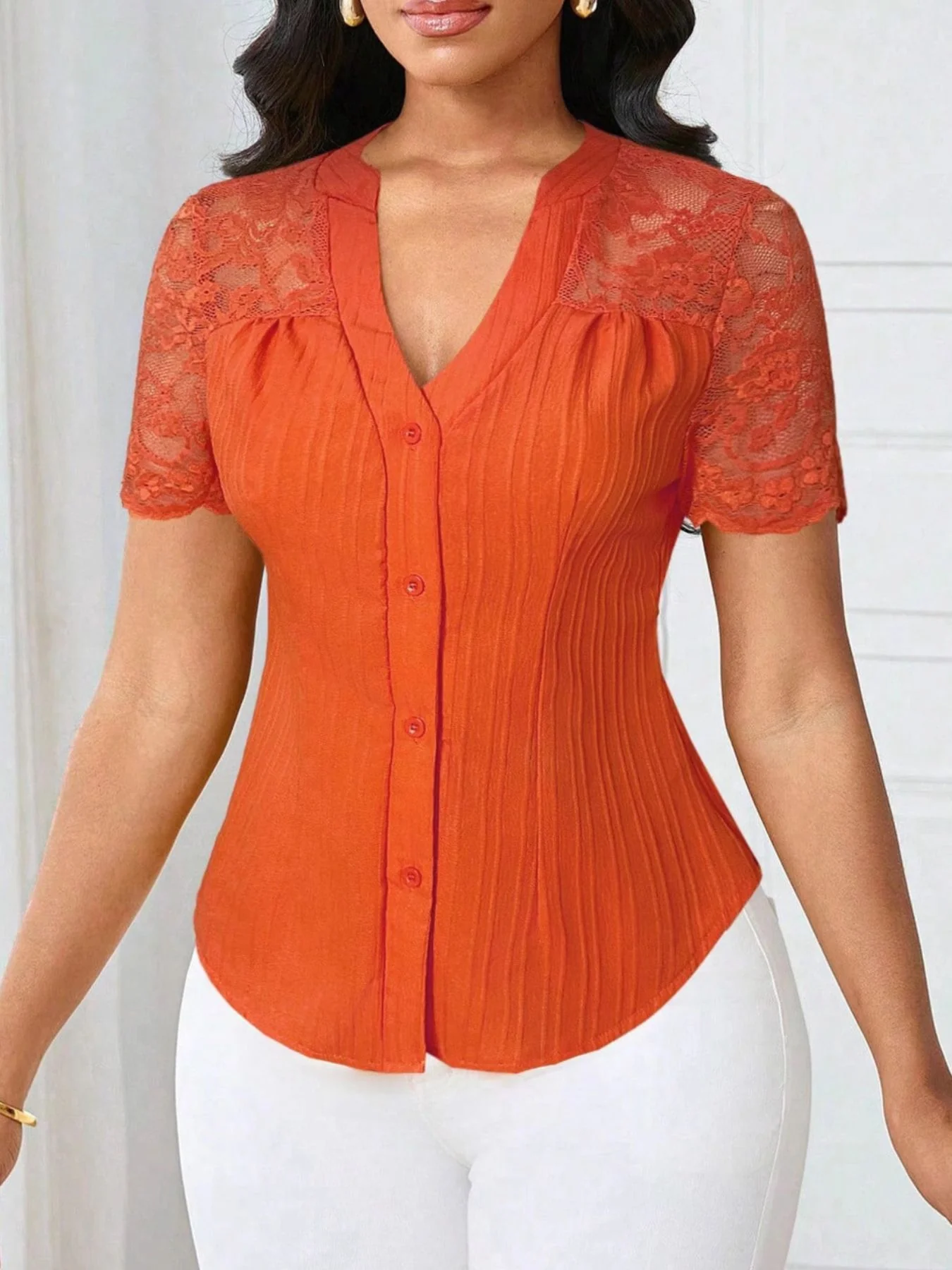 Lace Sleeve Button Up Shirt - Image 29