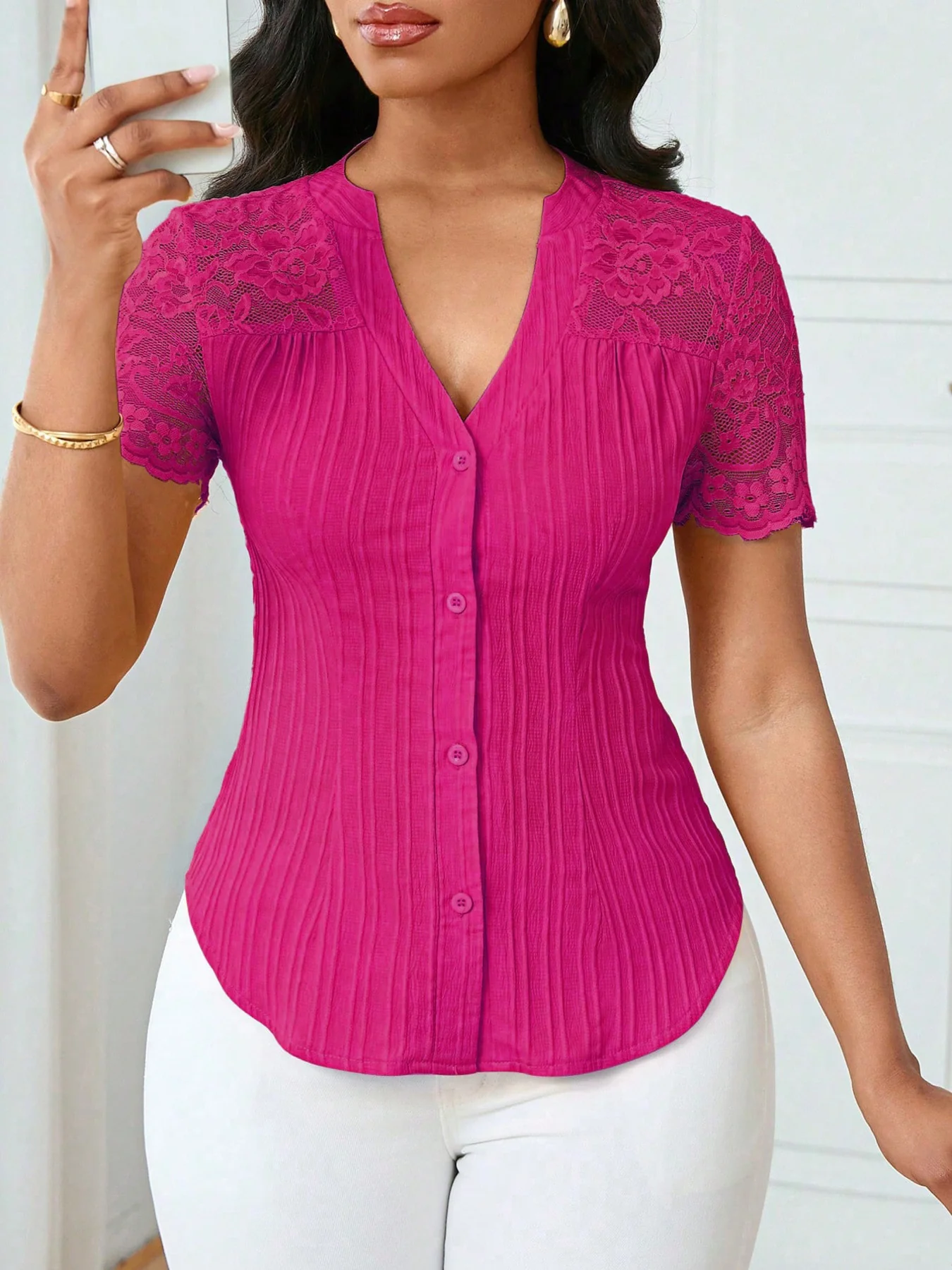 Lace Sleeve Button Up Shirt - Image 30
