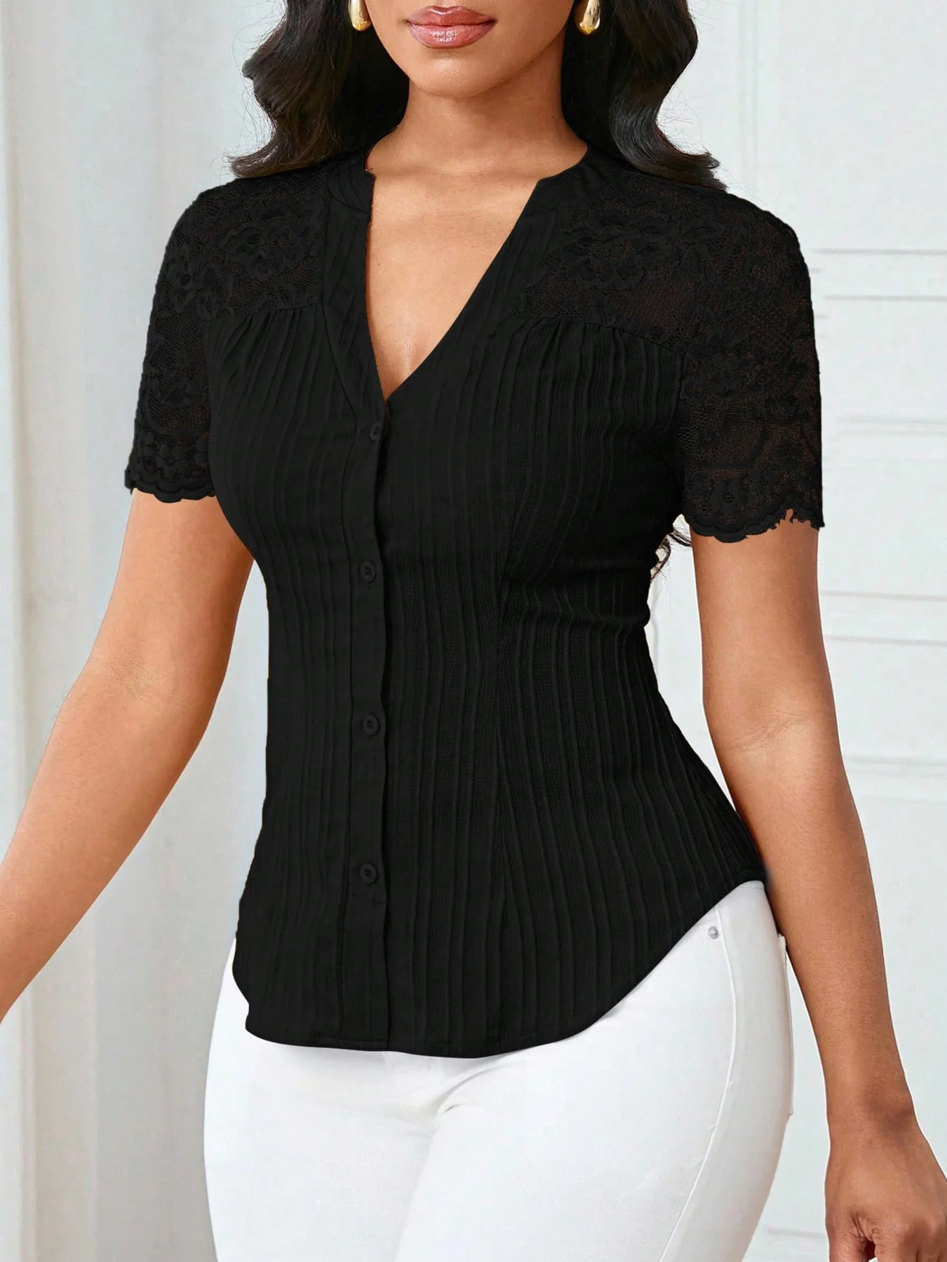 Lace Sleeve Button Up Shirt - Image 7