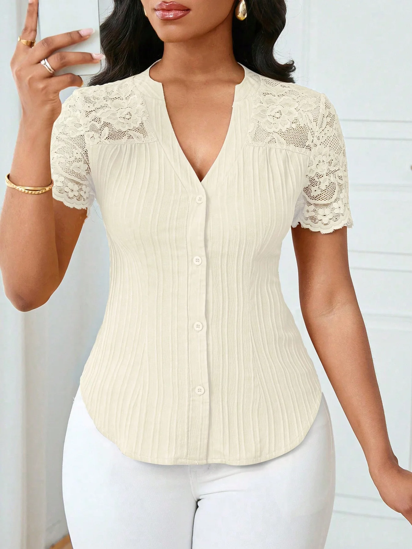 Lace Sleeve Button Up Shirt - Image 9