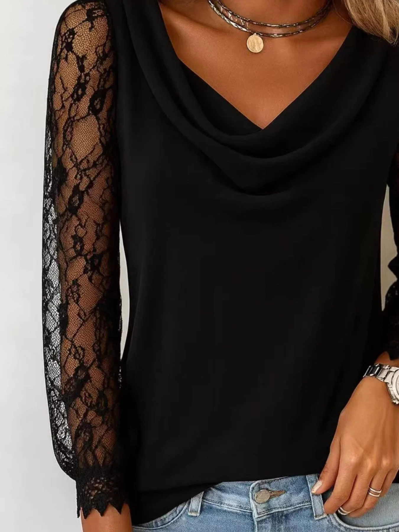 Lace Sleeve Cowl Neck Blouse - Image 12