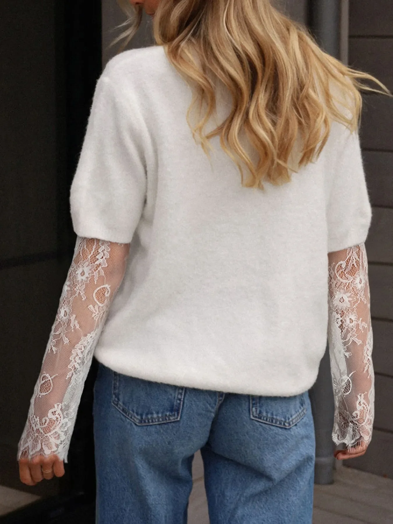 Lace Sleeve Patchwork Faux Two-piece Fuzzy Sweater - Image 3