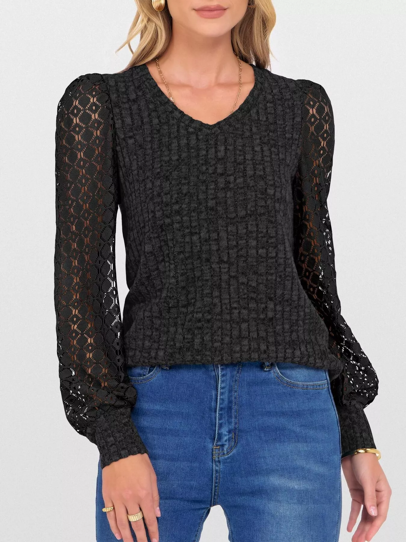 Lace Sleeve V-Neck T-Shirt - Image 11