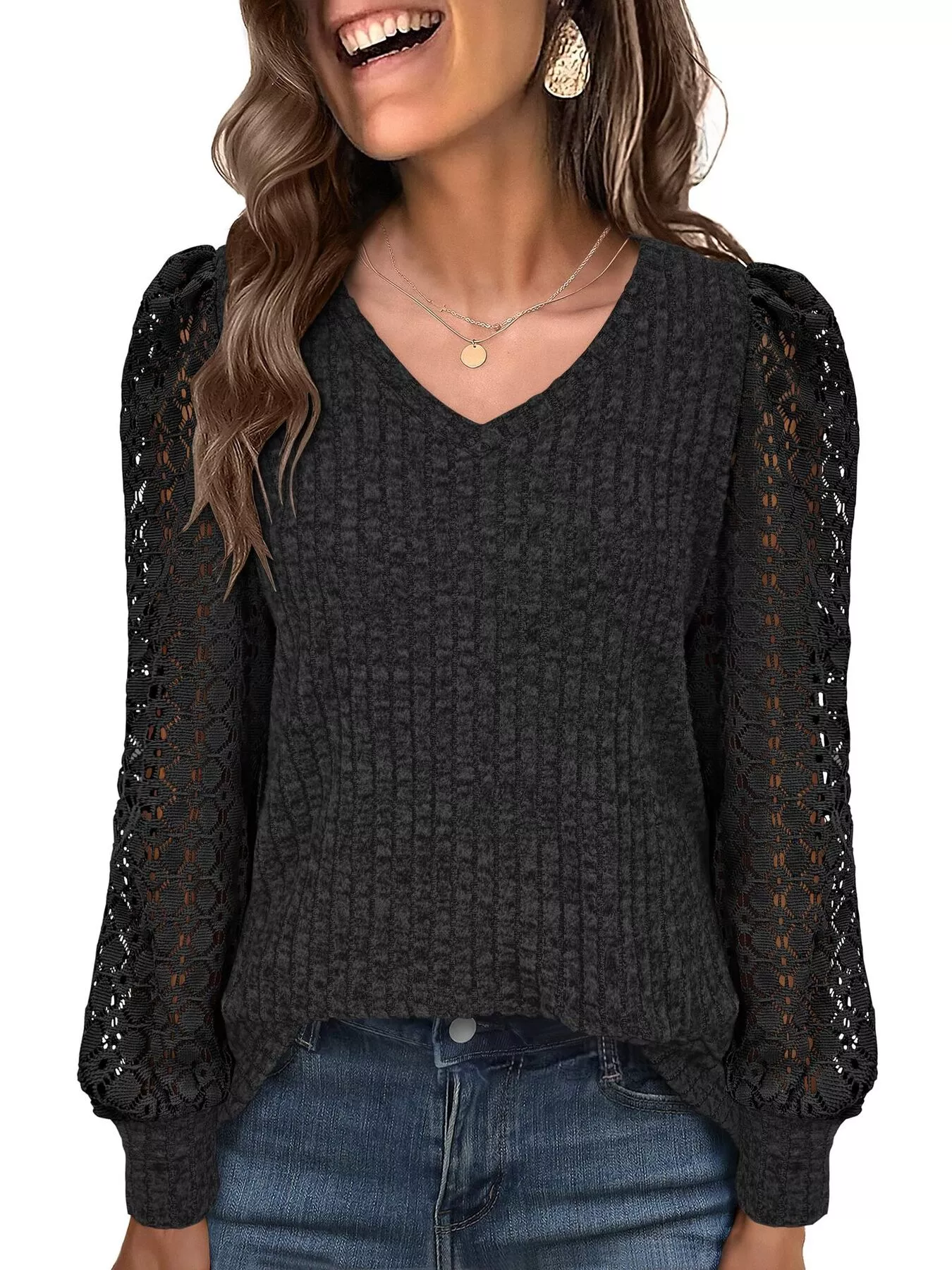 Lace Sleeve V-Neck T-Shirt - Image 15