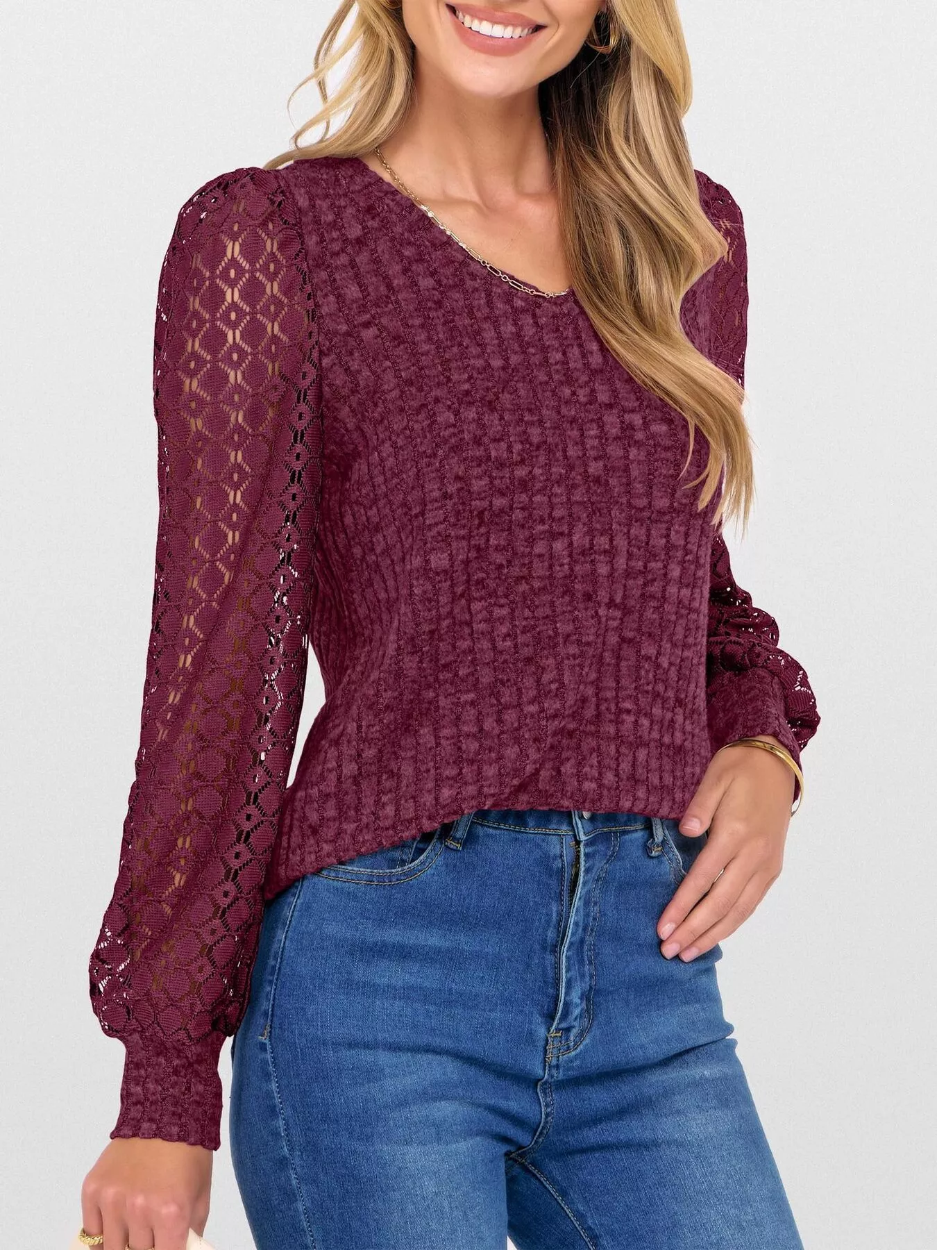 Lace Sleeve V-Neck T-Shirt - Image 17