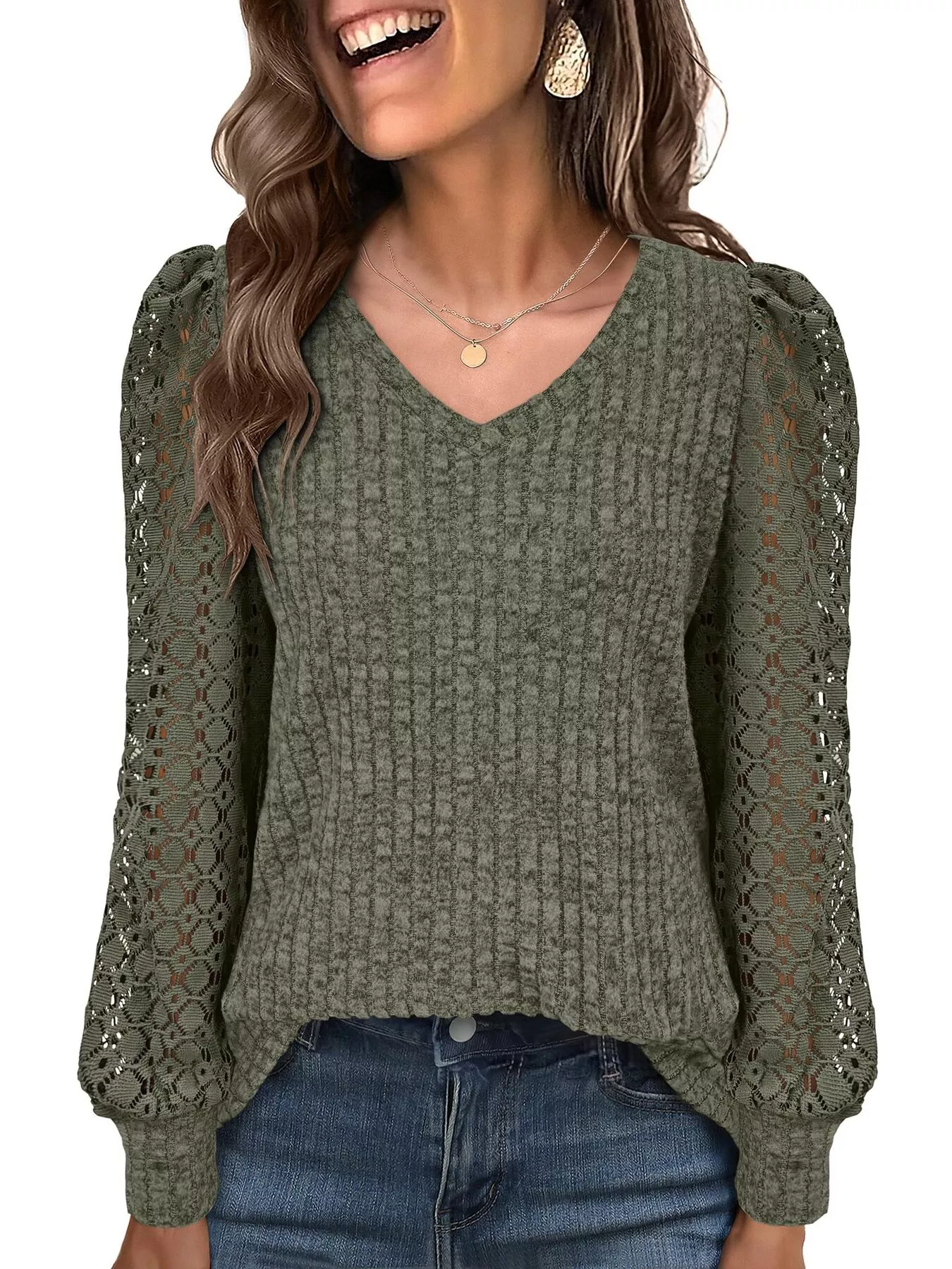 Lace Sleeve V-Neck T-Shirt - Image 25