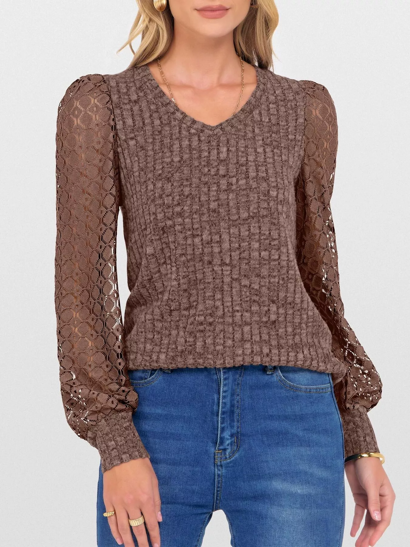 Lace Sleeve V-Neck T-Shirt - Image 26