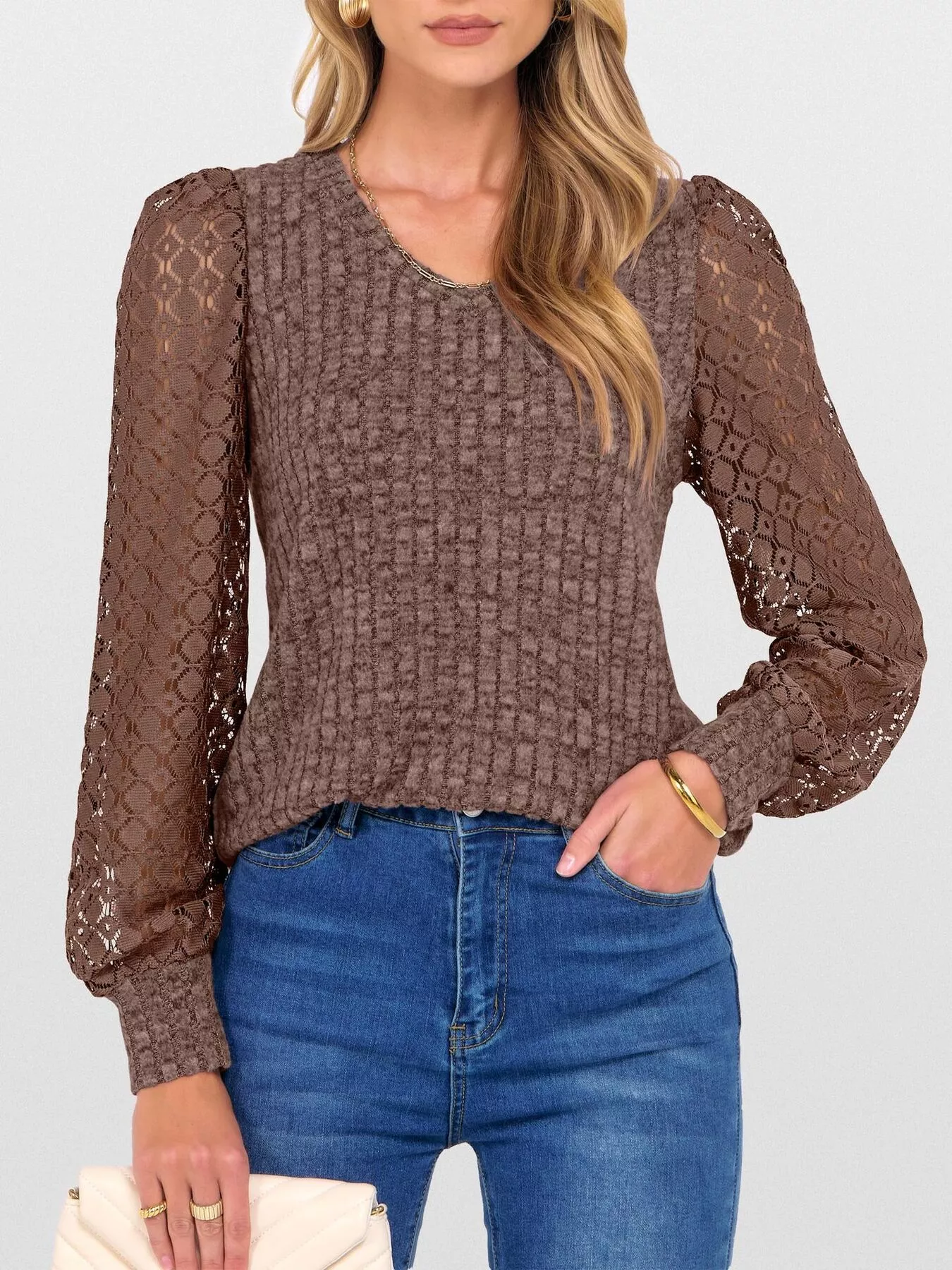 Lace Sleeve V-Neck T-Shirt - Image 29