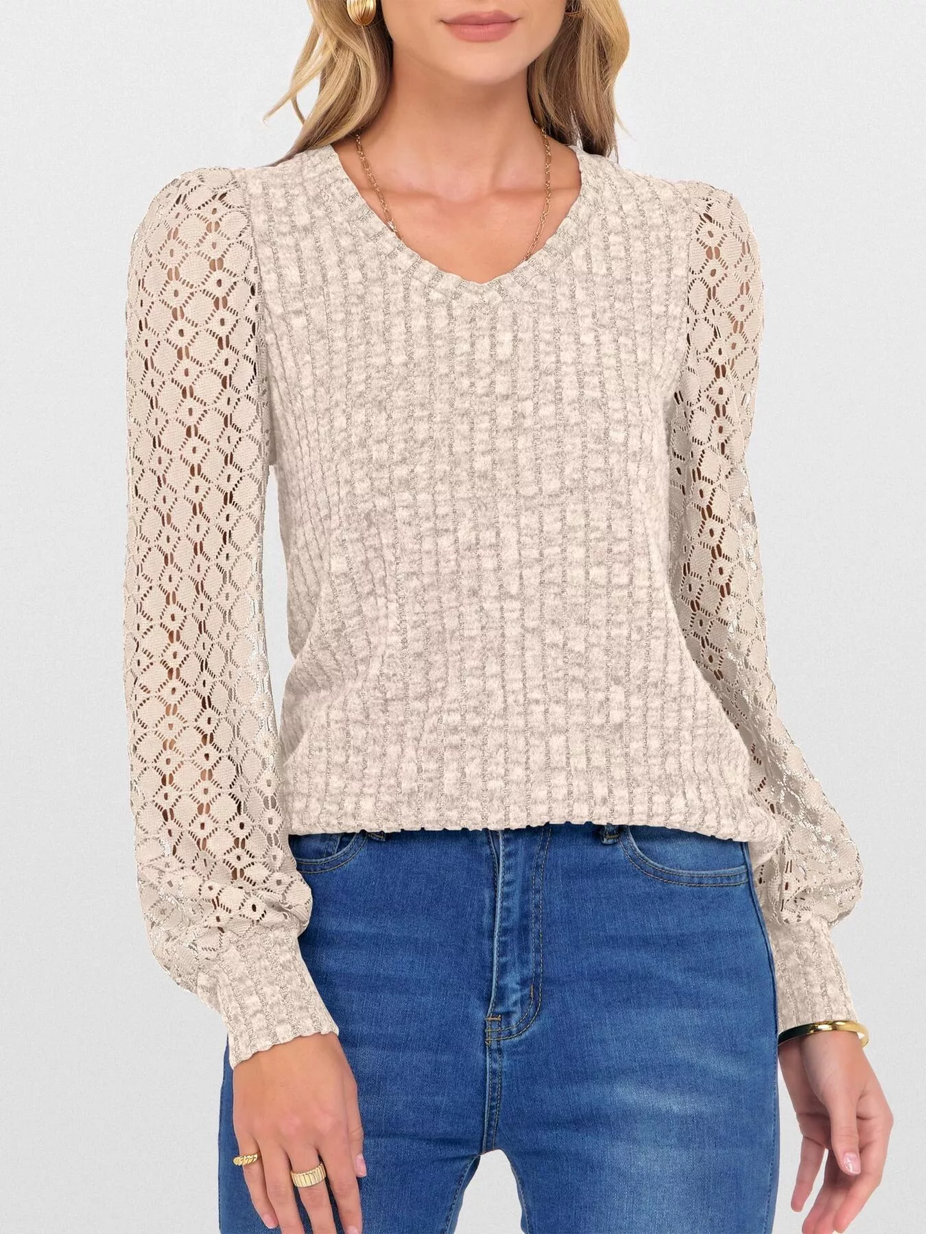 Lace Sleeve V-Neck T-Shirt - Image 7