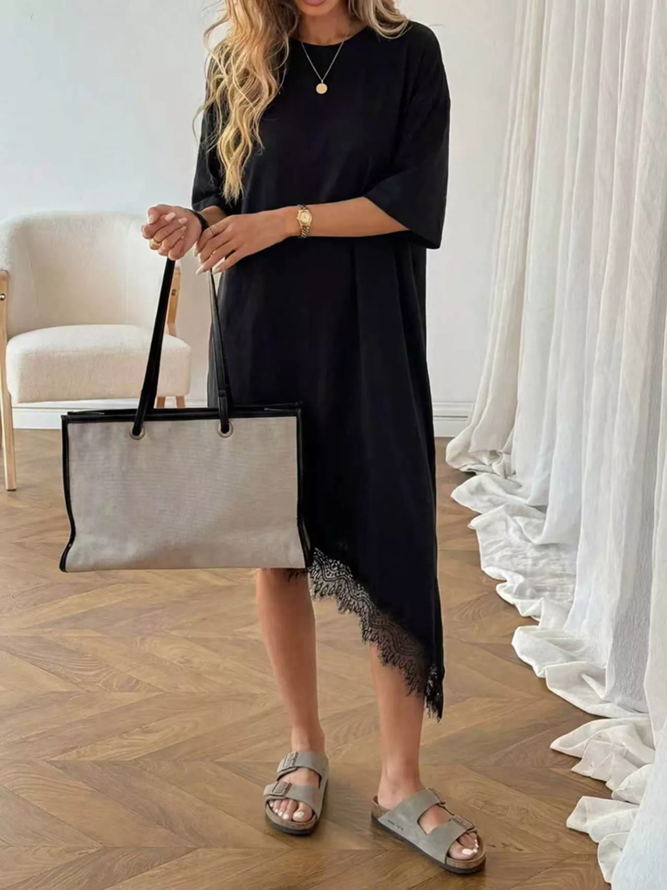 Lace Trim Asymmetrical Hem T-shirt Dress - Image 10