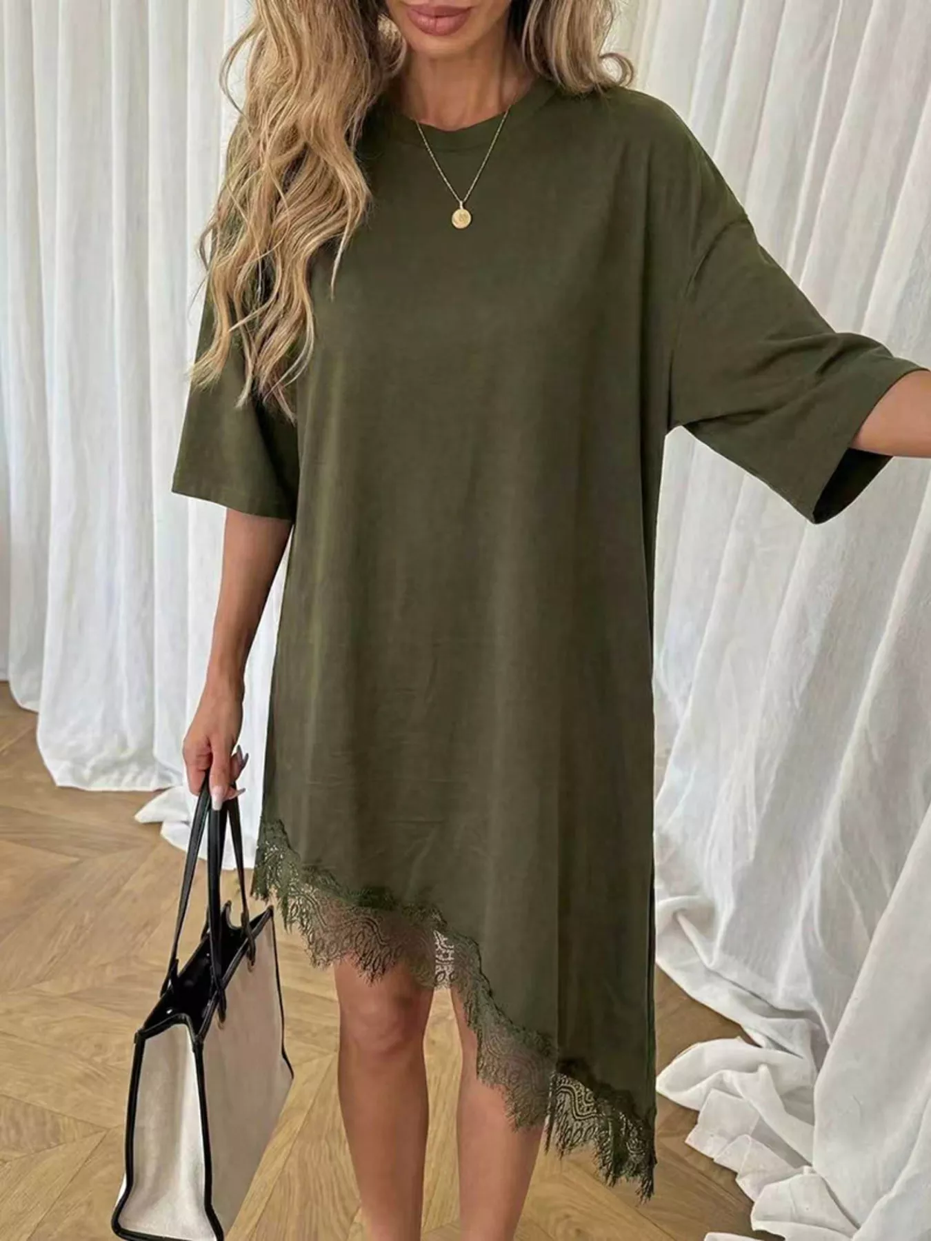 Lace Trim Asymmetrical Hem T-shirt Dress - Image 11