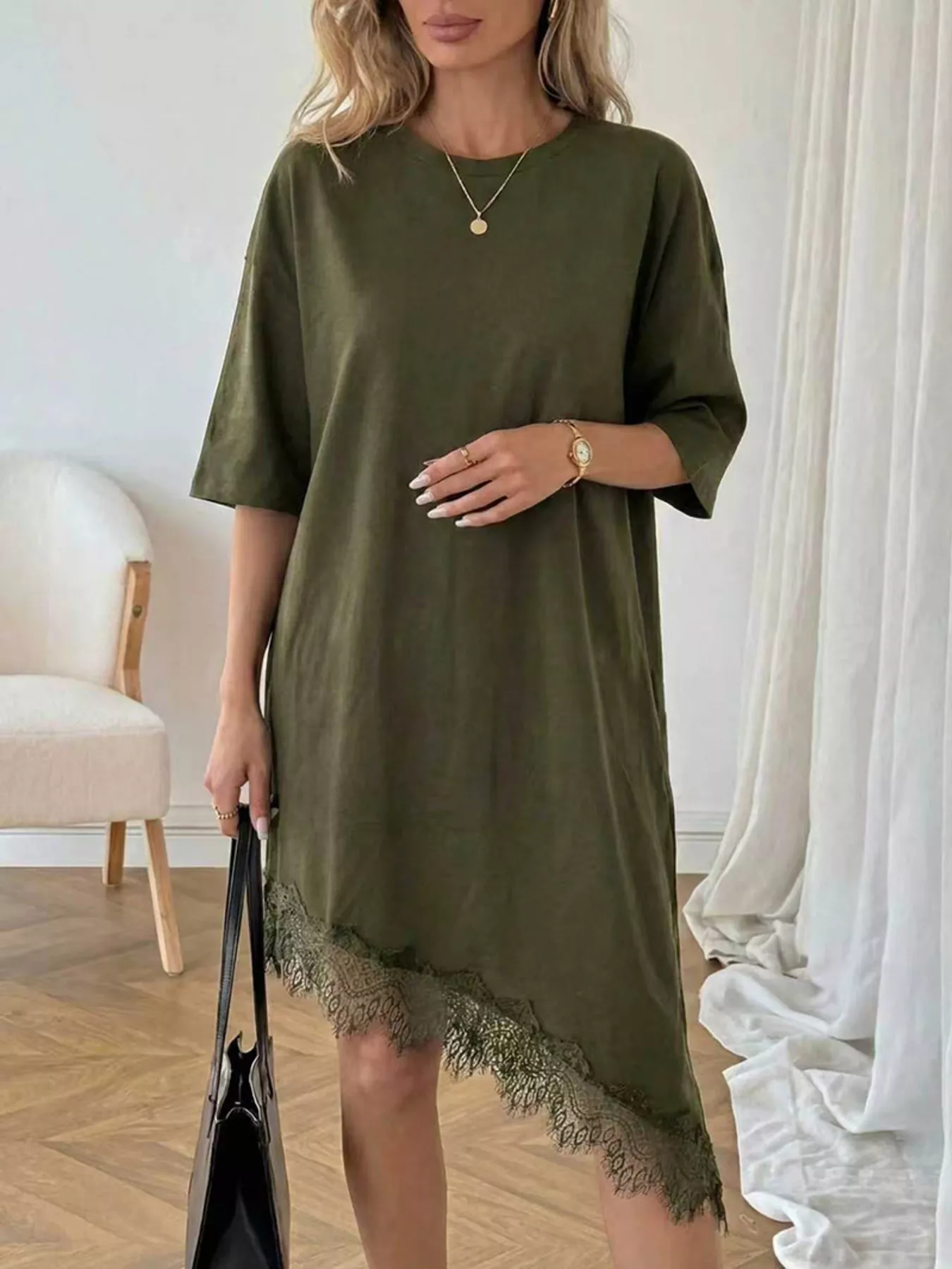 Lace Trim Asymmetrical Hem T-shirt Dress - Image 12