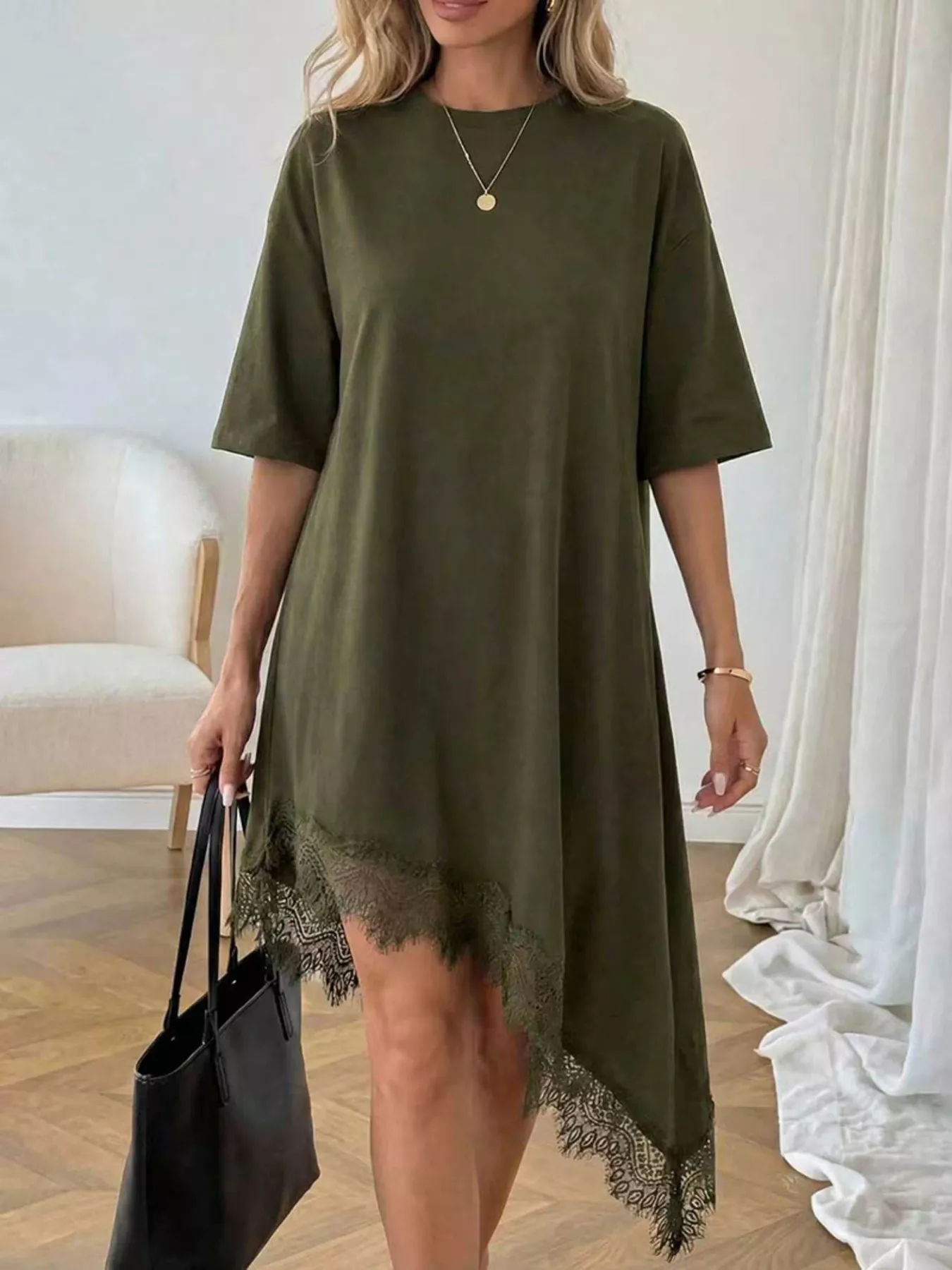 Lace Trim Asymmetrical Hem T-shirt Dress - Image 13