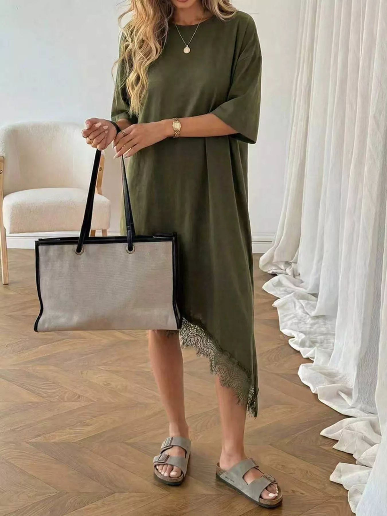 Lace Trim Asymmetrical Hem T-shirt Dress - Image 14