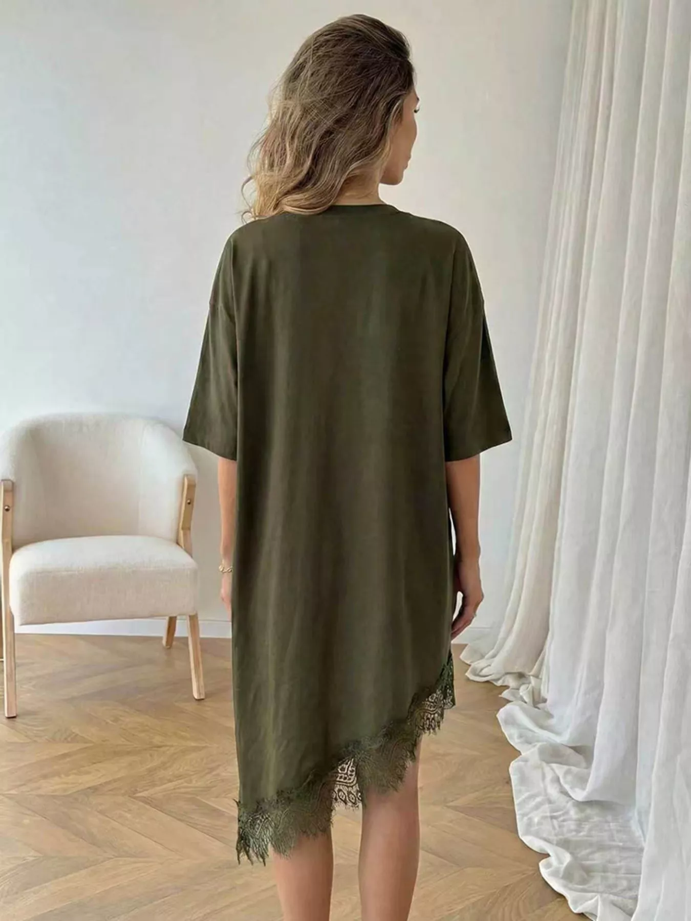 Lace Trim Asymmetrical Hem T-shirt Dress - Image 15