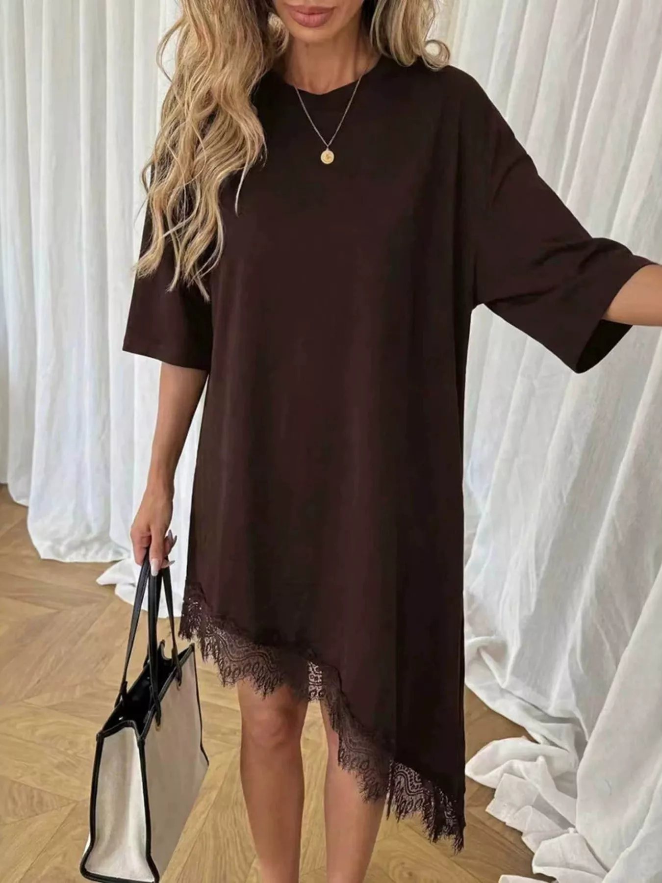 Lace Trim Asymmetrical Hem T-shirt Dress - Image 16