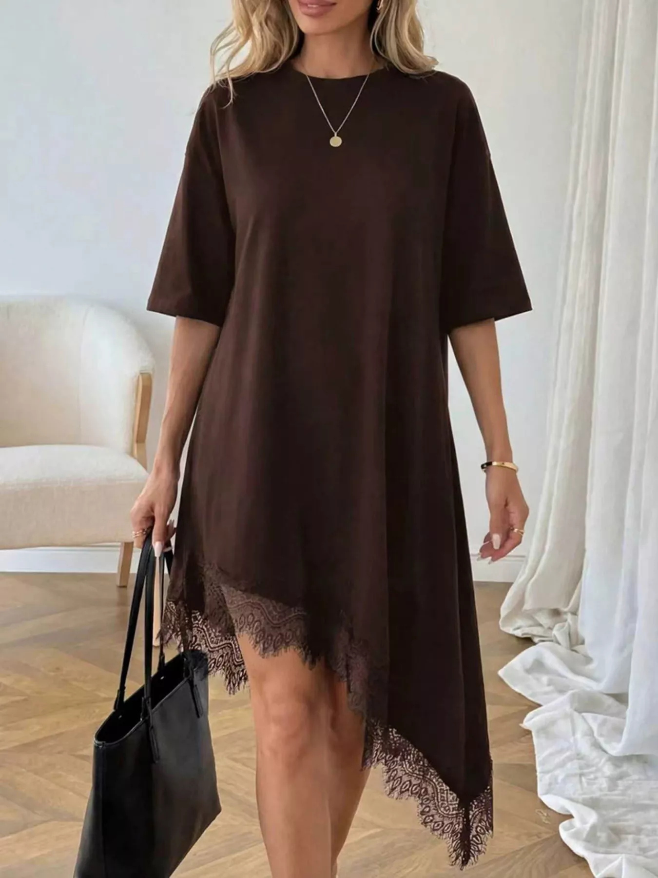 Lace Trim Asymmetrical Hem T-shirt Dress - Image 17