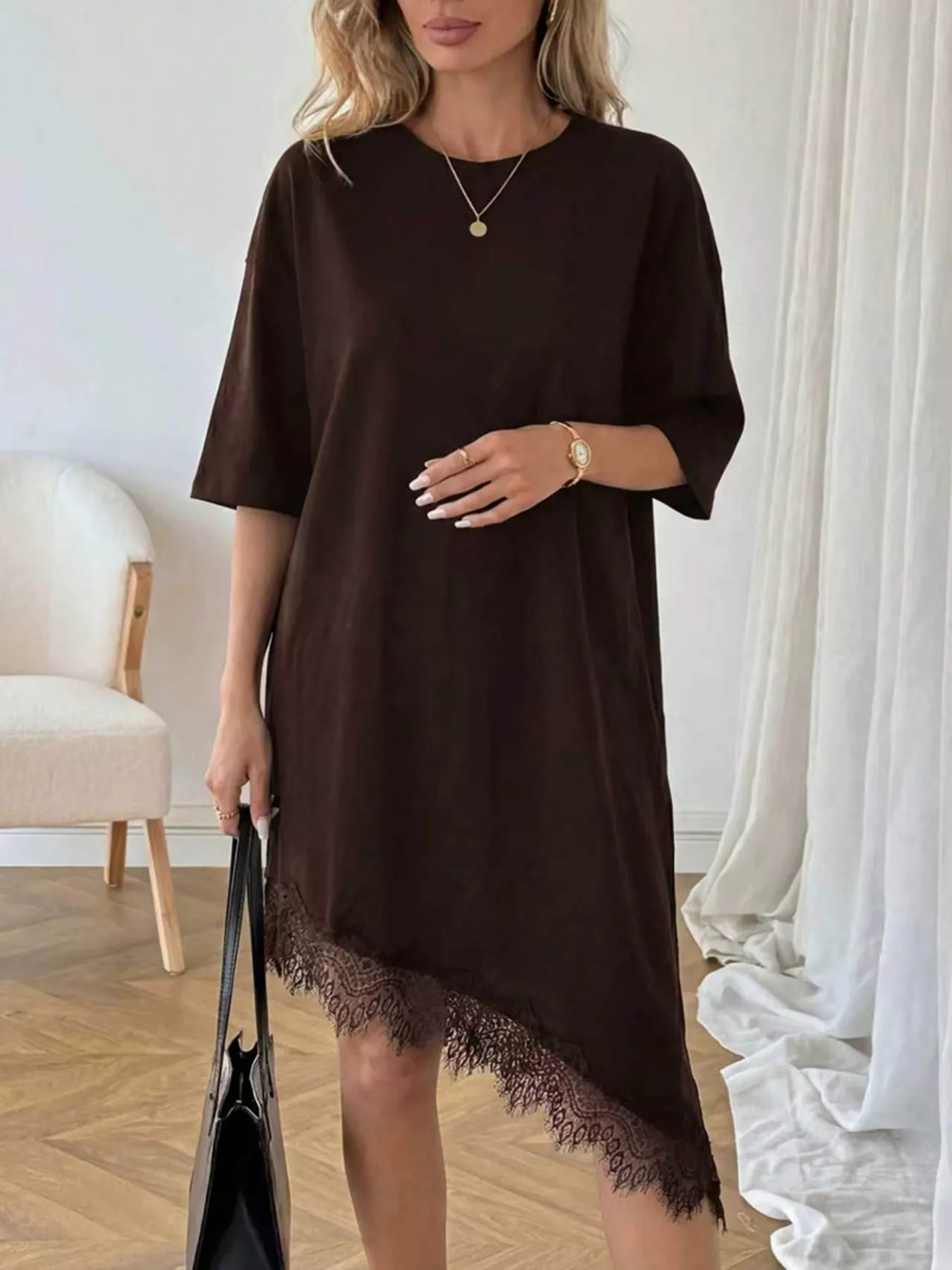 Lace Trim Asymmetrical Hem T-shirt Dress - Image 18