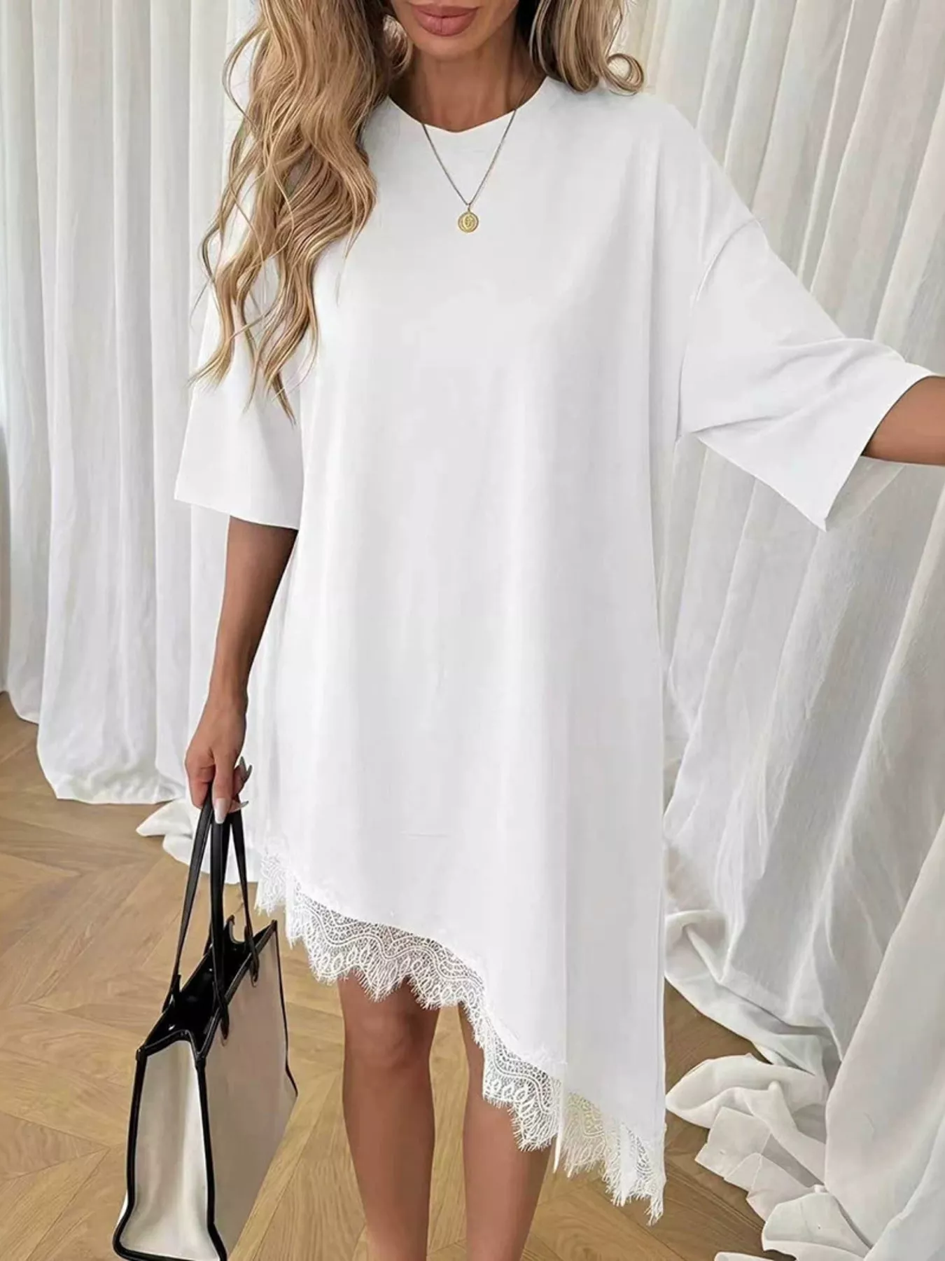 Lace Trim Asymmetrical Hem T-shirt Dress - Image 2