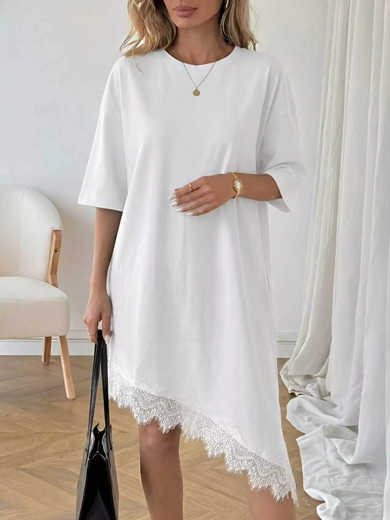 Lace Trim Asymmetrical Hem T-shirt Dress - Image 3