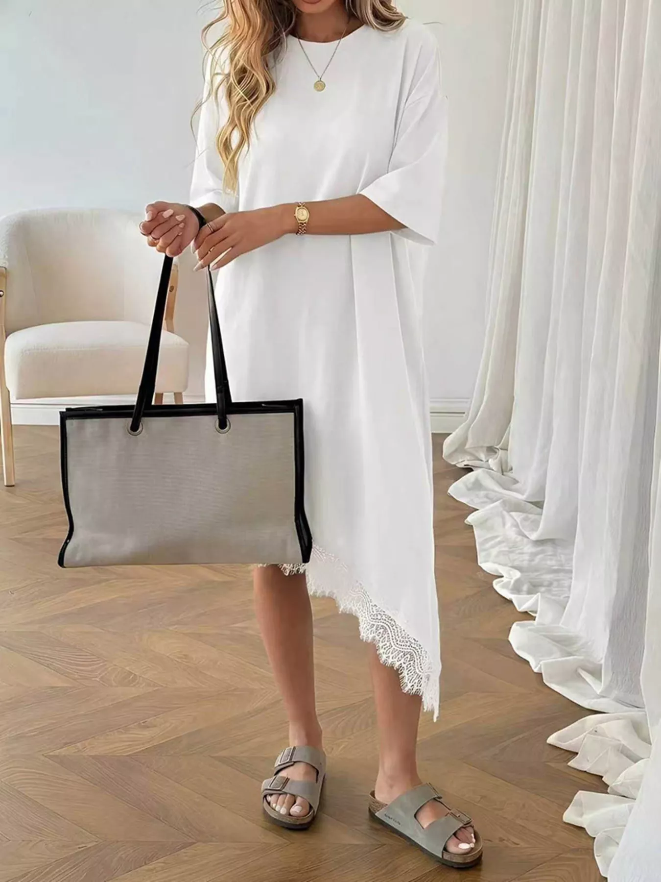 Lace Trim Asymmetrical Hem T-shirt Dress - Image 4