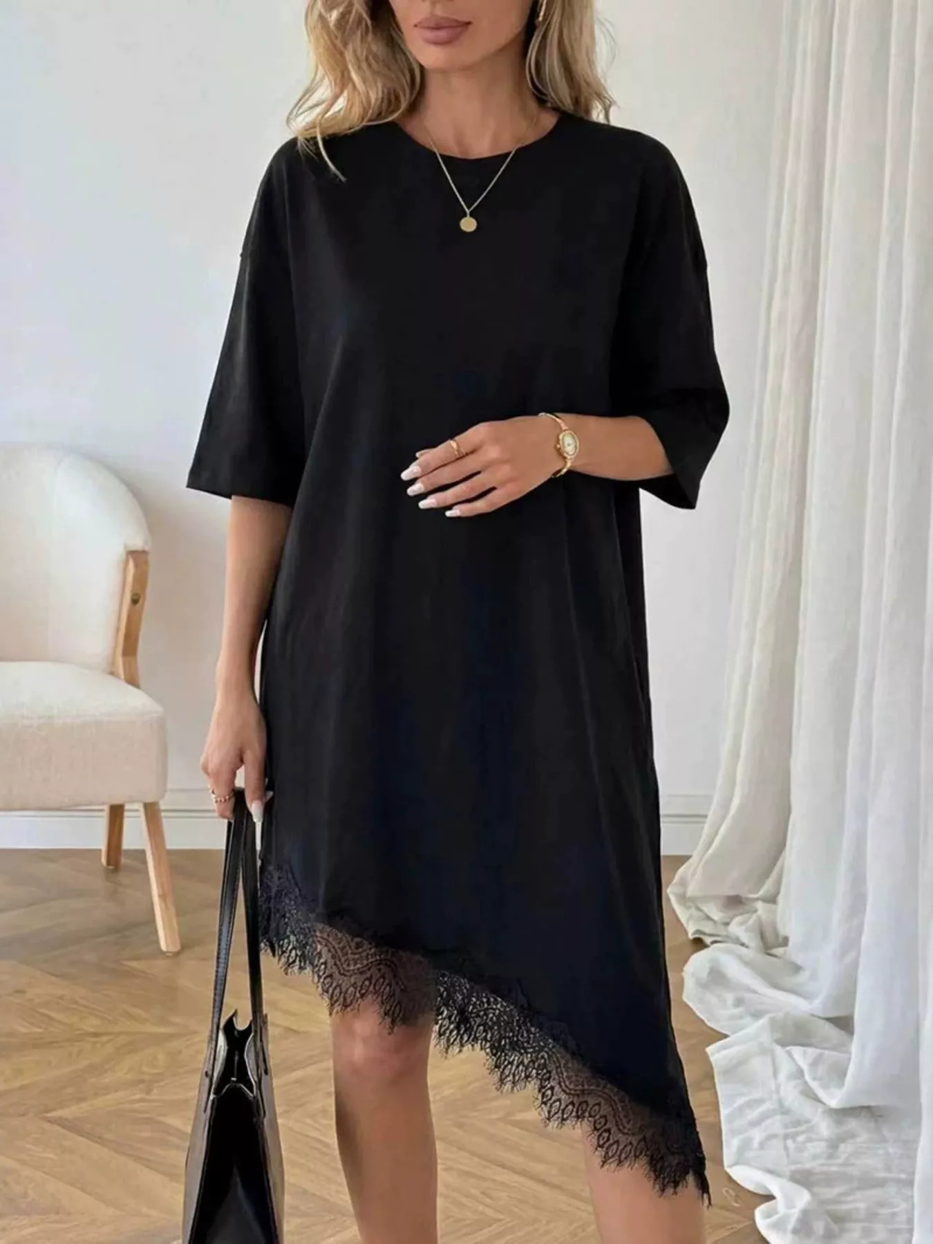 Lace Trim Asymmetrical Hem T-shirt Dress - Image 6