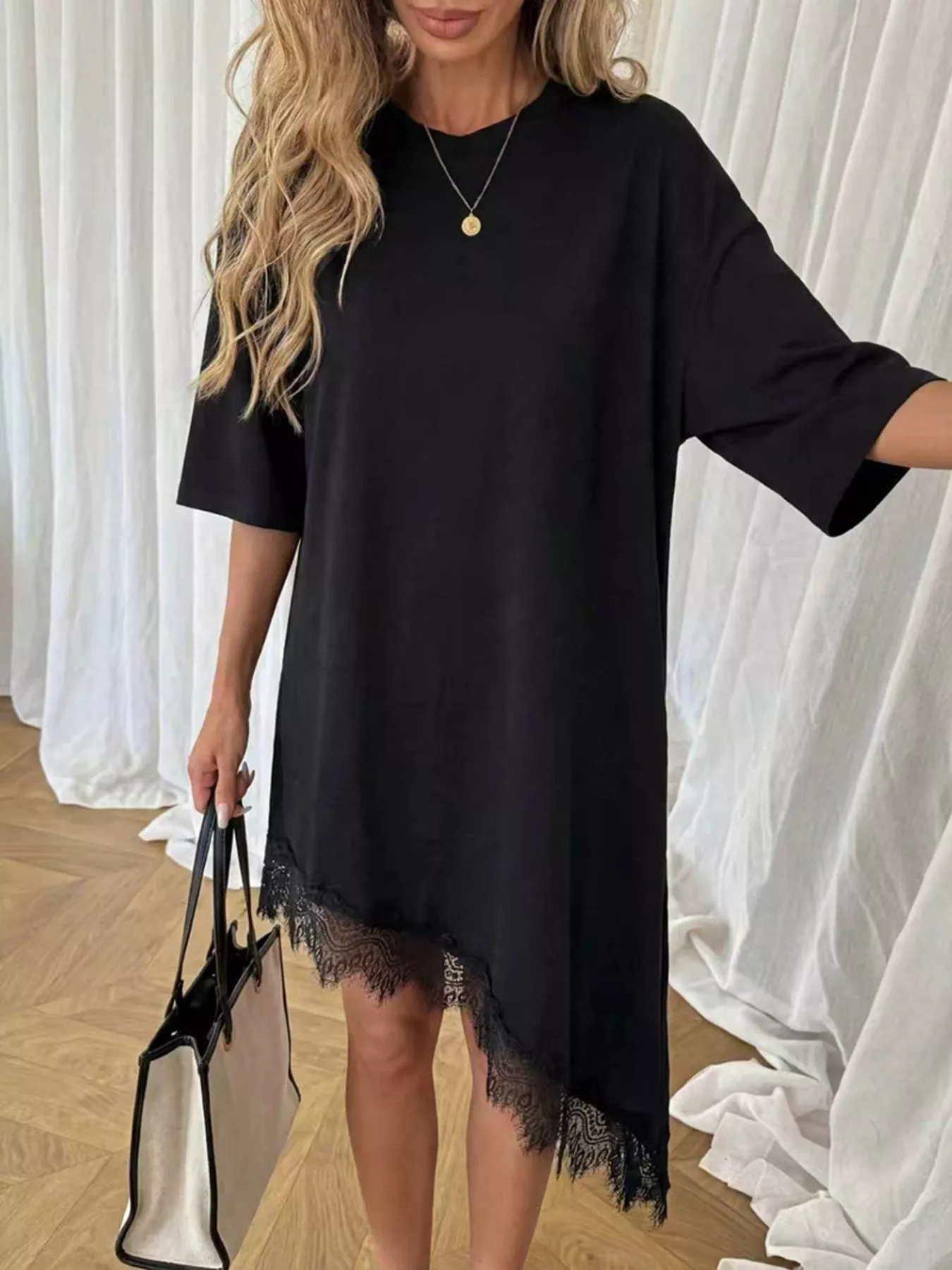 Lace Trim Asymmetrical Hem T-shirt Dress - Image 7