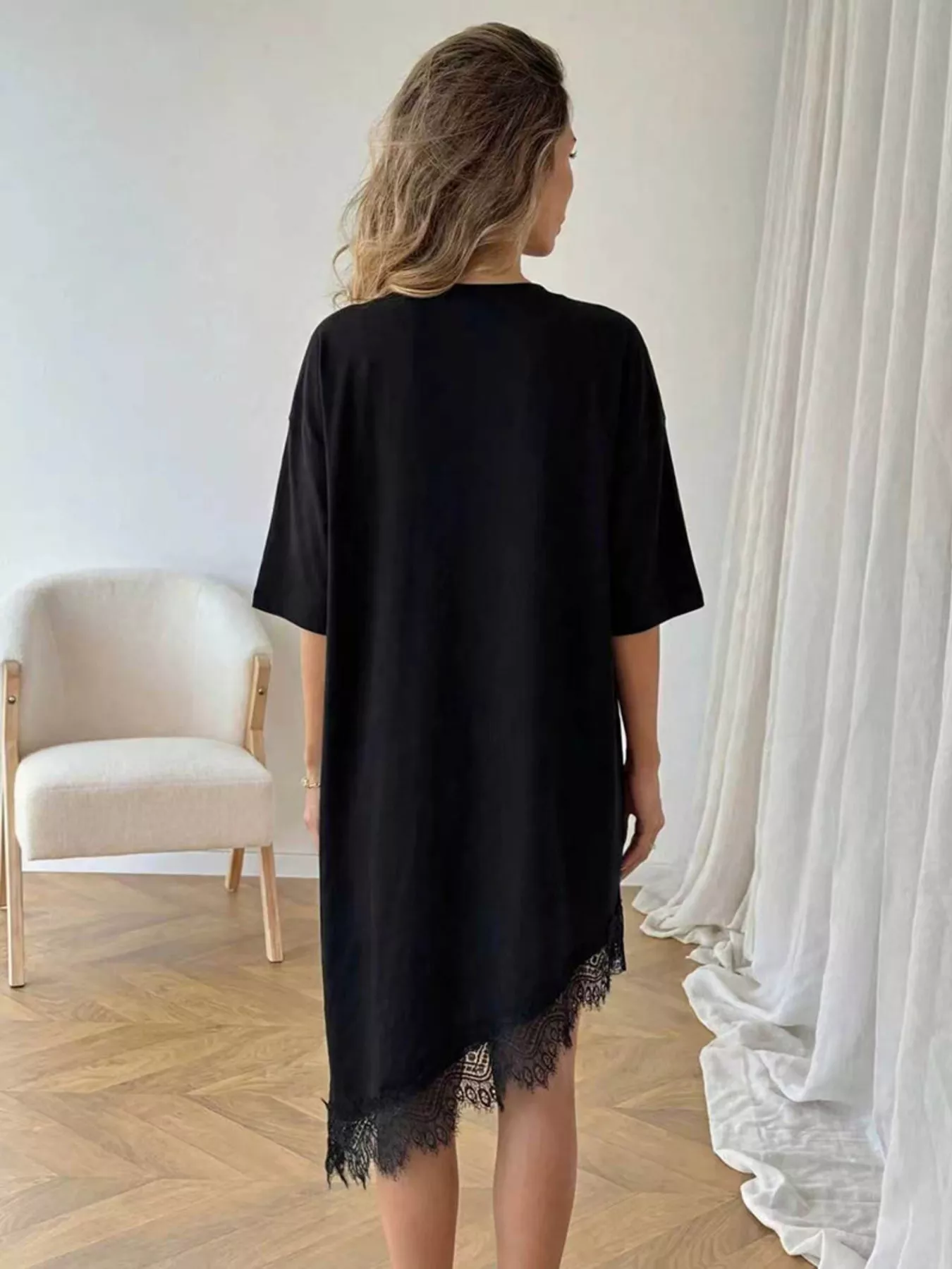 Lace Trim Asymmetrical Hem T-shirt Dress - Image 9