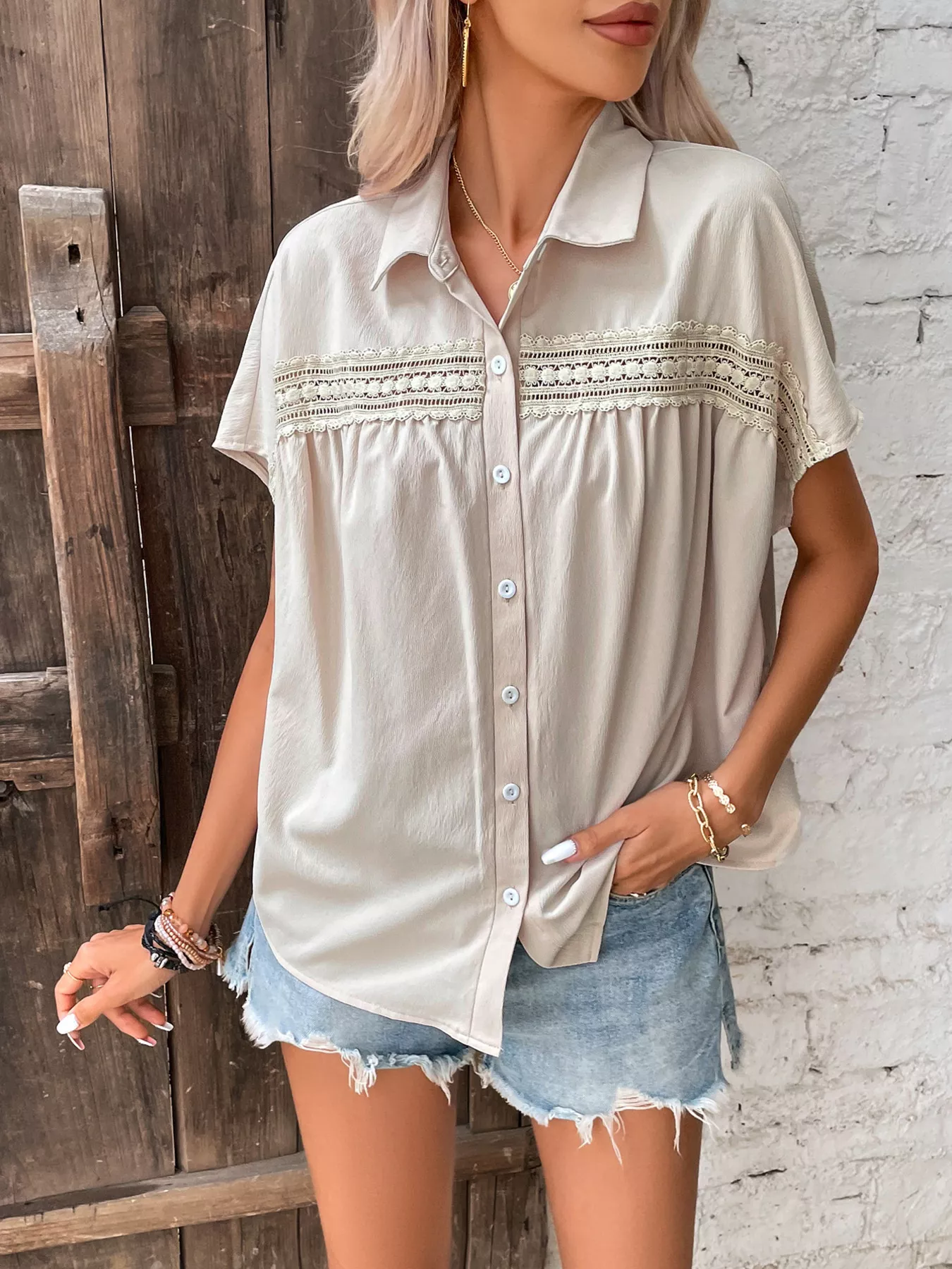 Lace Trim Button-Up Shirt - Image 6
