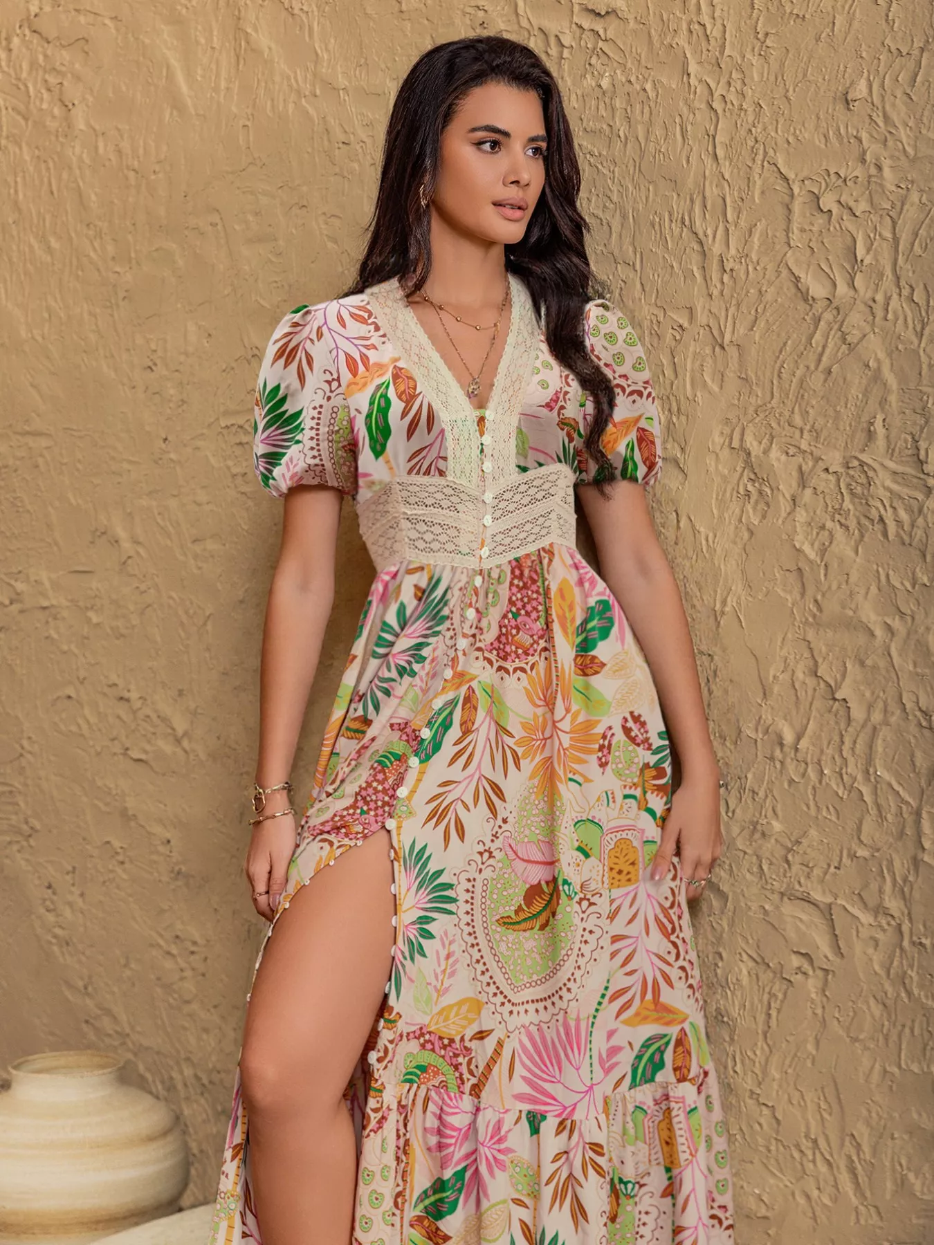 Lace Trim Floral Print Puff Sleeve Dress - Image 3