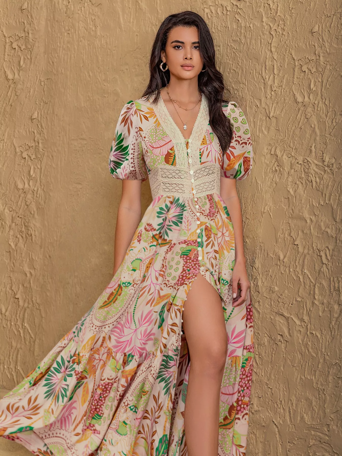 Lace Trim Floral Print Puff Sleeve Dress - Image 5