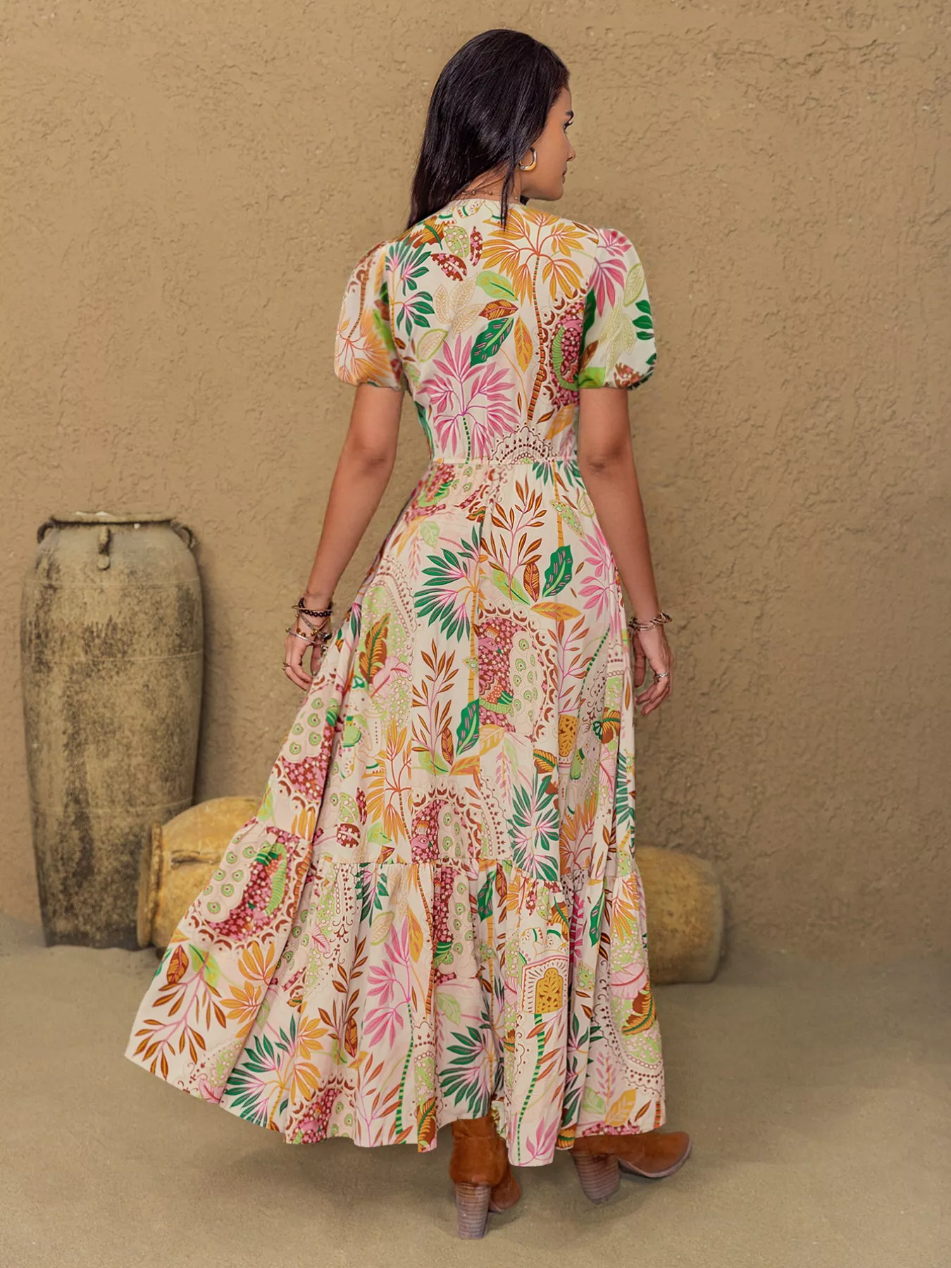 Lace Trim Floral Print Puff Sleeve Dress - Image 6