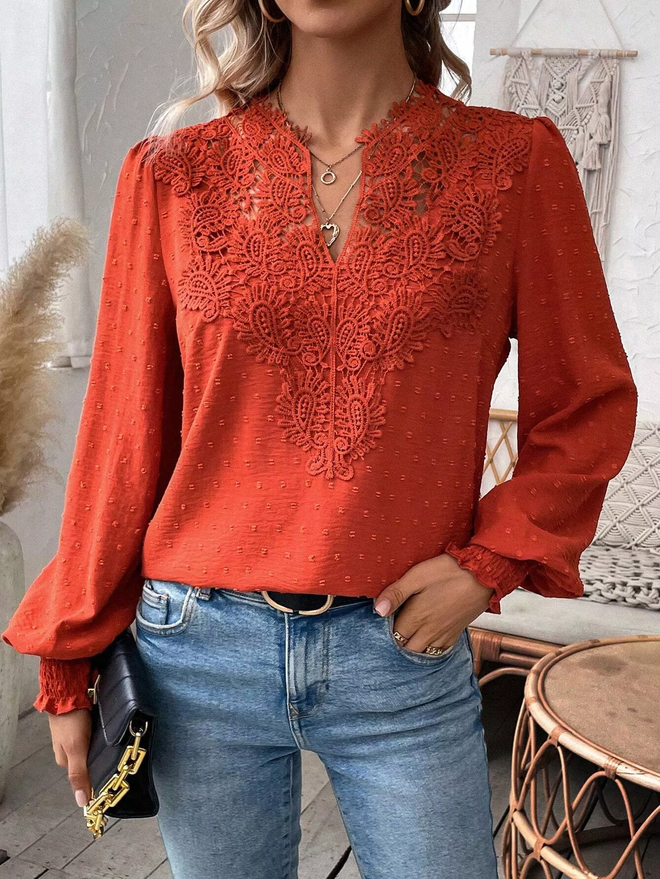 Lace Trim Long Sleeve Blouse - Image 27