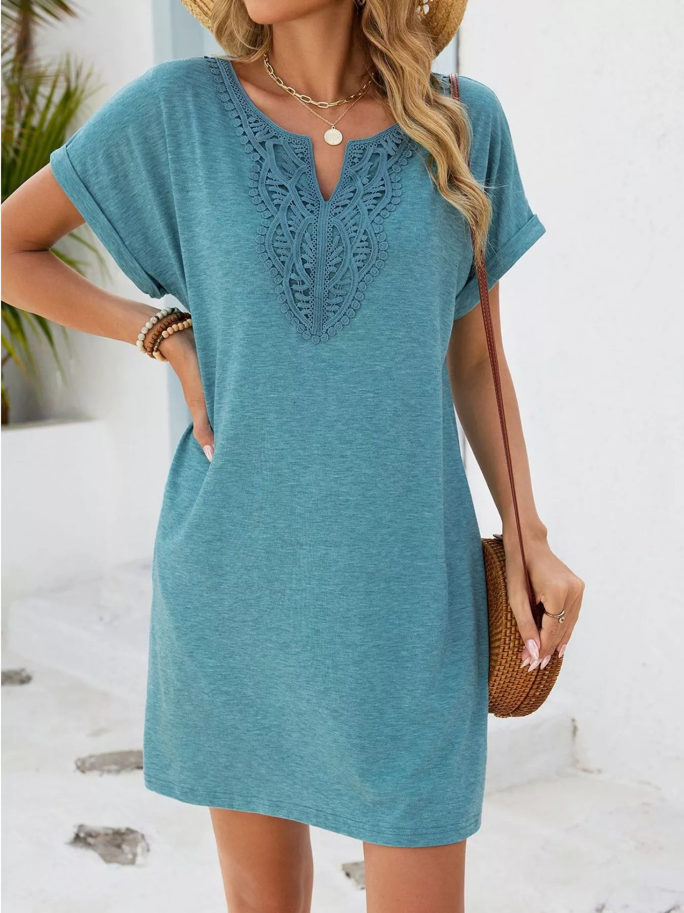 Lace Trim Notched Short Sleeve Dress - Image 7
