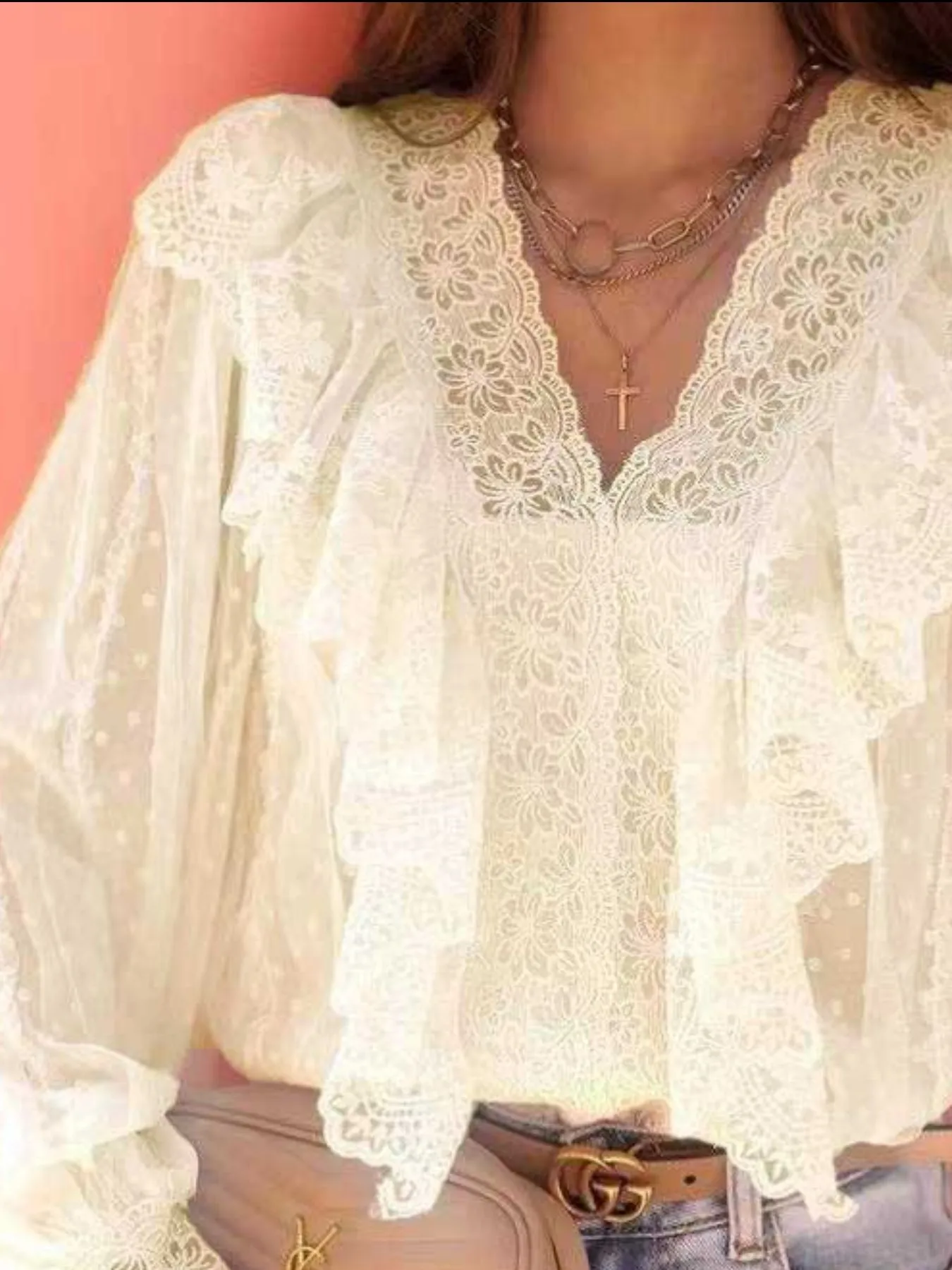 Lace Trim Ruffle V-Neck Long Sleeve Blouse - Image 6